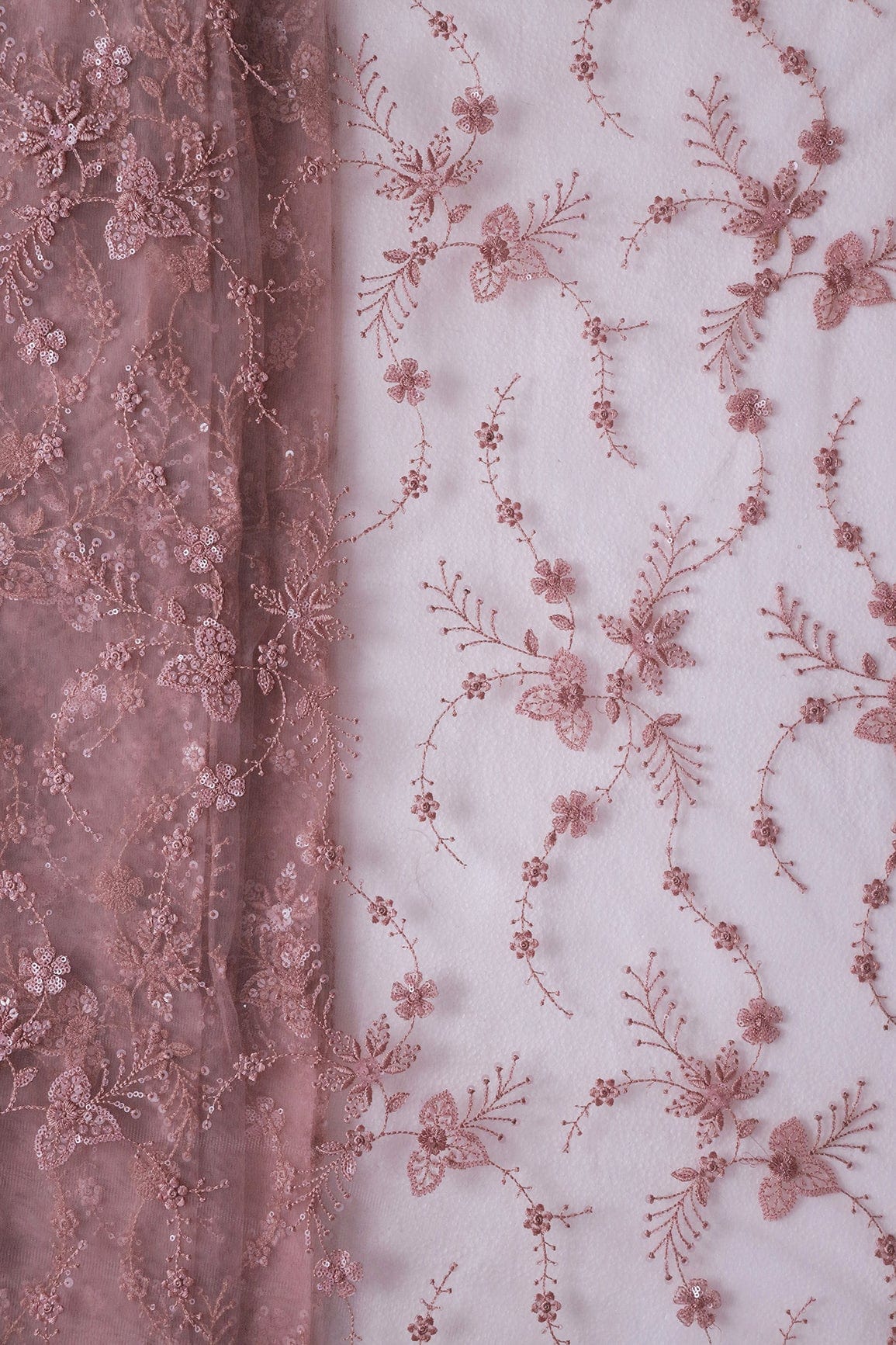 doeraa Embroidery Fabrics Beautiful Pink Thread With Sequins Floral Embroidery Work On Dusty Pink Soft Net Fabric