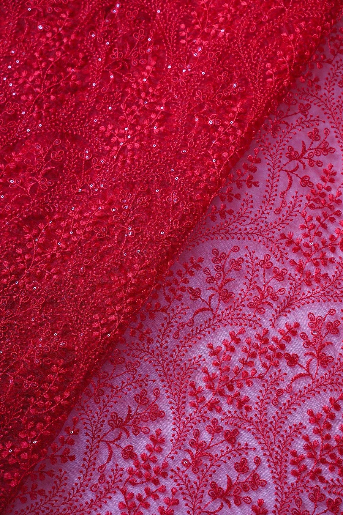 doeraa Embroidery Fabrics Beautiful Red Thread With Sequins Floral Embroidery Work On Red Soft Net Fabric With Border