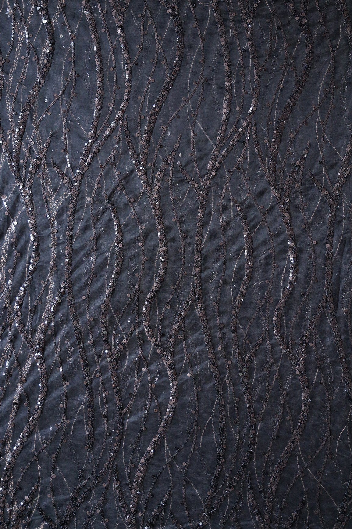 doeraa Embroidery Fabrics Beautiful Sequins With Black Thread Wavy Embroidery Work On Black Soft Net Fabric
