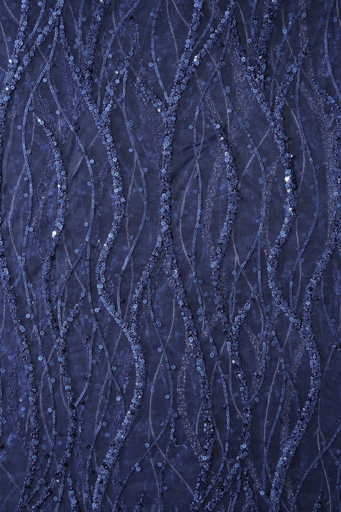 doeraa Embroidery Fabrics Beautiful Sequins With Blue Thread Wavy Embroidery Work On Navy Blue Soft Net Fabric