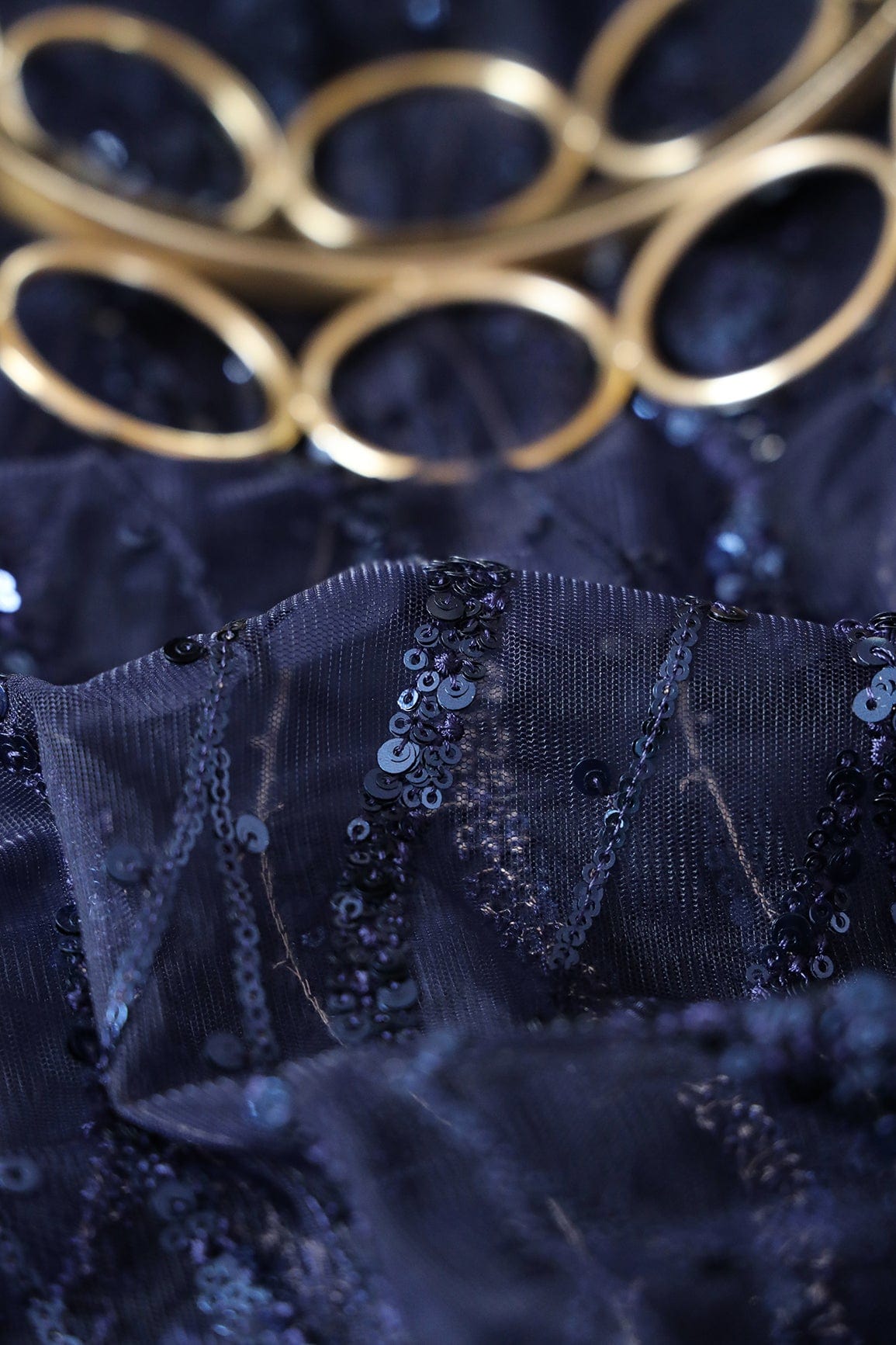 doeraa Embroidery Fabrics Beautiful Sequins With Blue Thread Wavy Embroidery Work On Navy Blue Soft Net Fabric