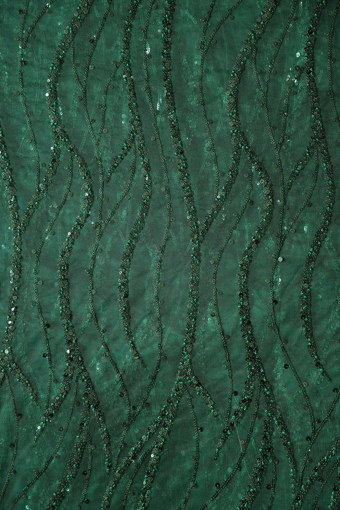 doeraa Embroidery Fabrics Beautiful Sequins With Green Thread Wavy Embroidery Work On Bottle Green Soft Net Fabric
