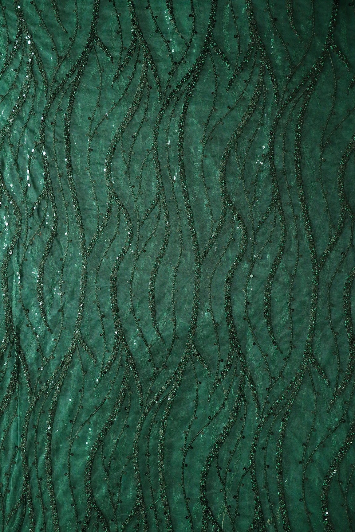doeraa Embroidery Fabrics Beautiful Sequins With Green Thread Wavy Embroidery Work On Bottle Green Soft Net Fabric