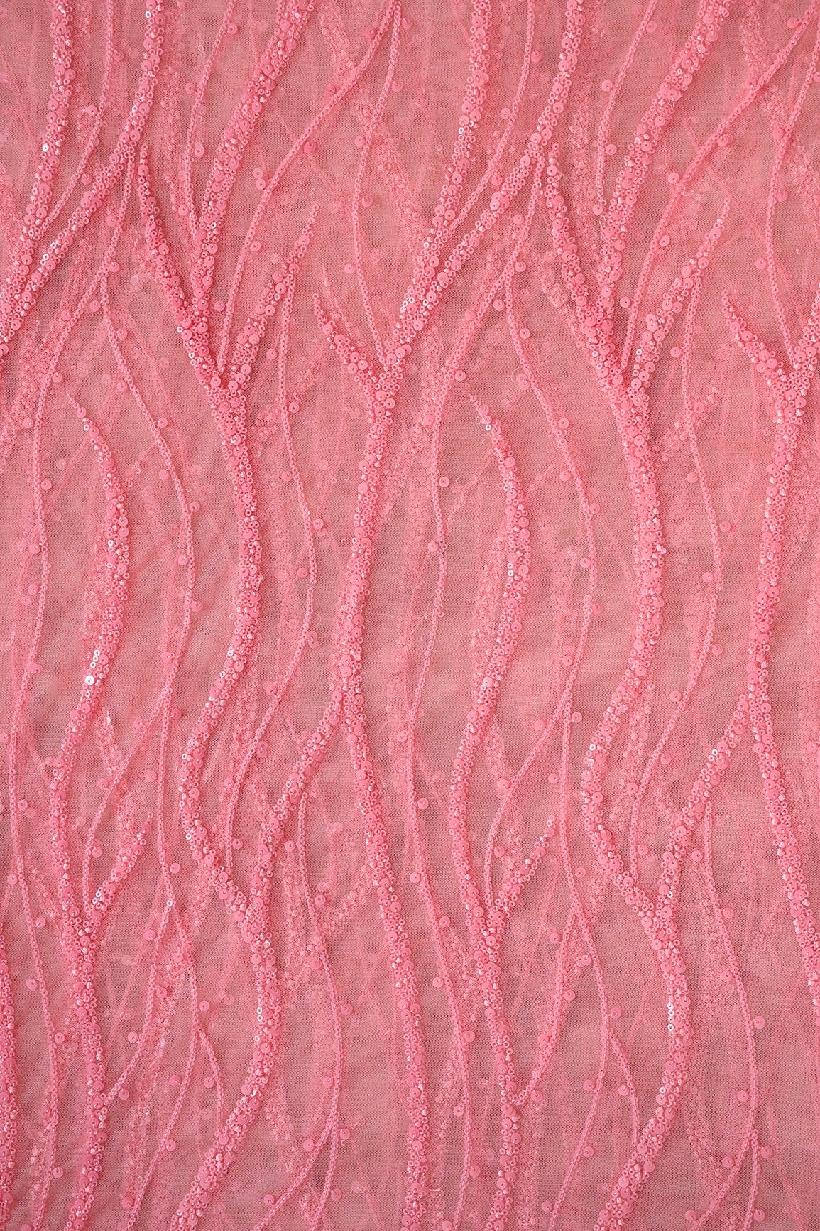 doeraa Embroidery Fabrics Beautiful Sequins With Pink Thread Wavy Embroidery Work On Pink Soft Net Fabric