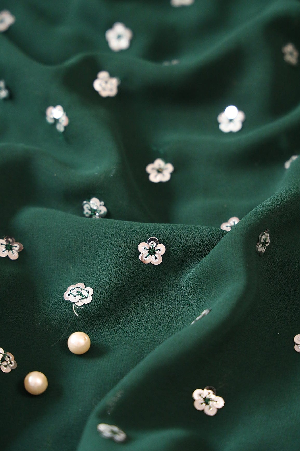 doeraa Embroidery Fabrics Beautiful Silver Sandwich Sequins Small Floral Embroidery On Bottle Green Georgette Fabric