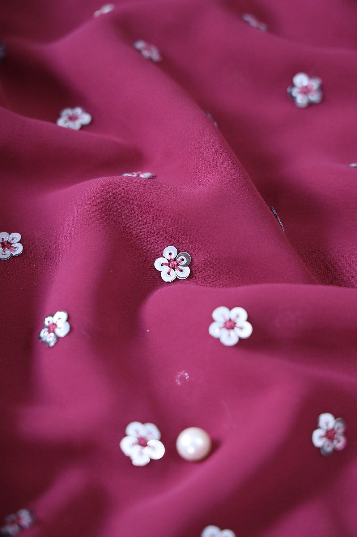 doeraa Embroidery Fabrics Beautiful Silver Sandwich Sequins Small Floral Embroidery On Magenta Georgette Fabric