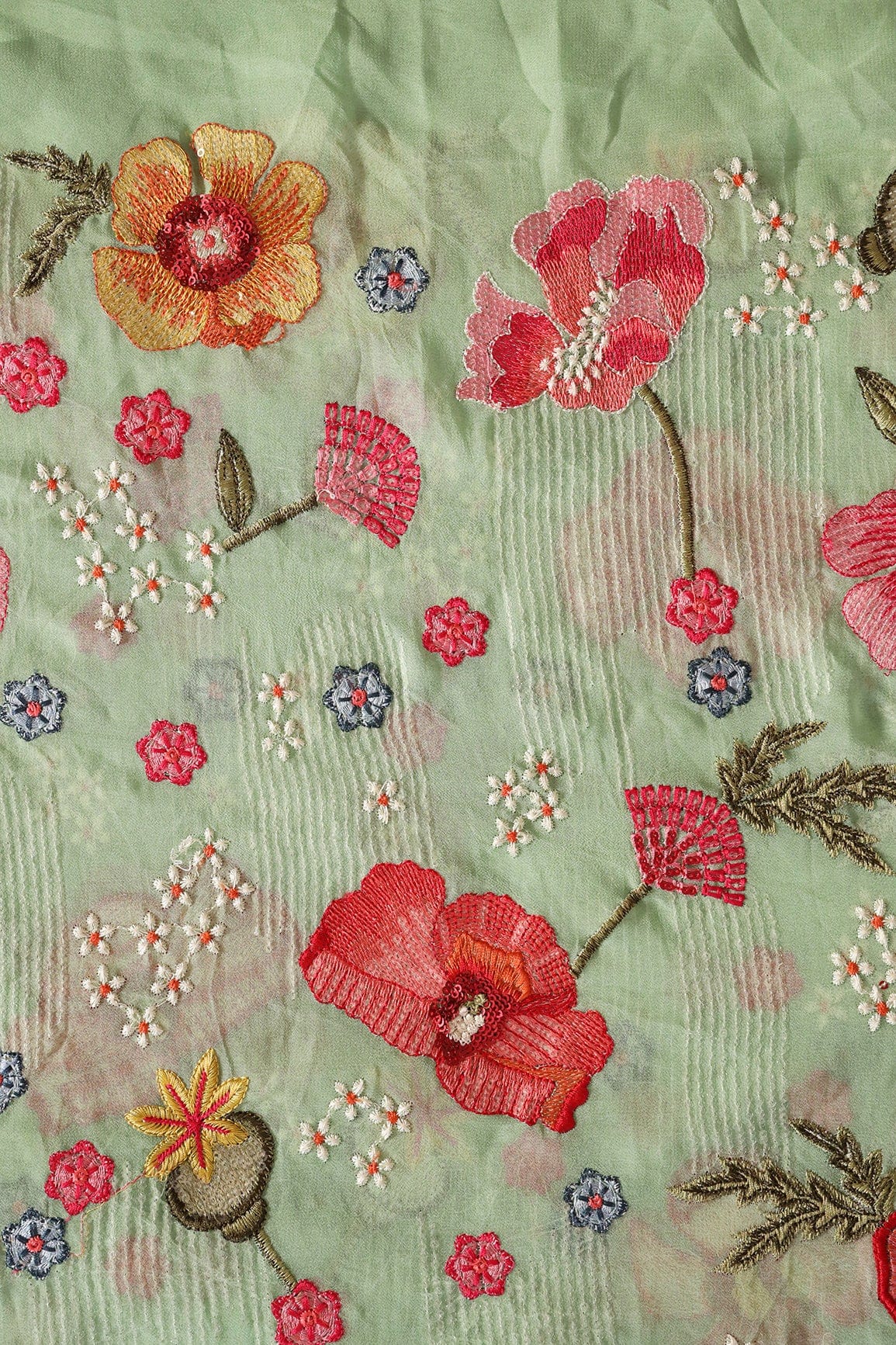 doeraa Embroidery Fabrics Beautiful Water Sequins With Multi Color Floral Embroidery On Olive Viscose Georgette Fabric