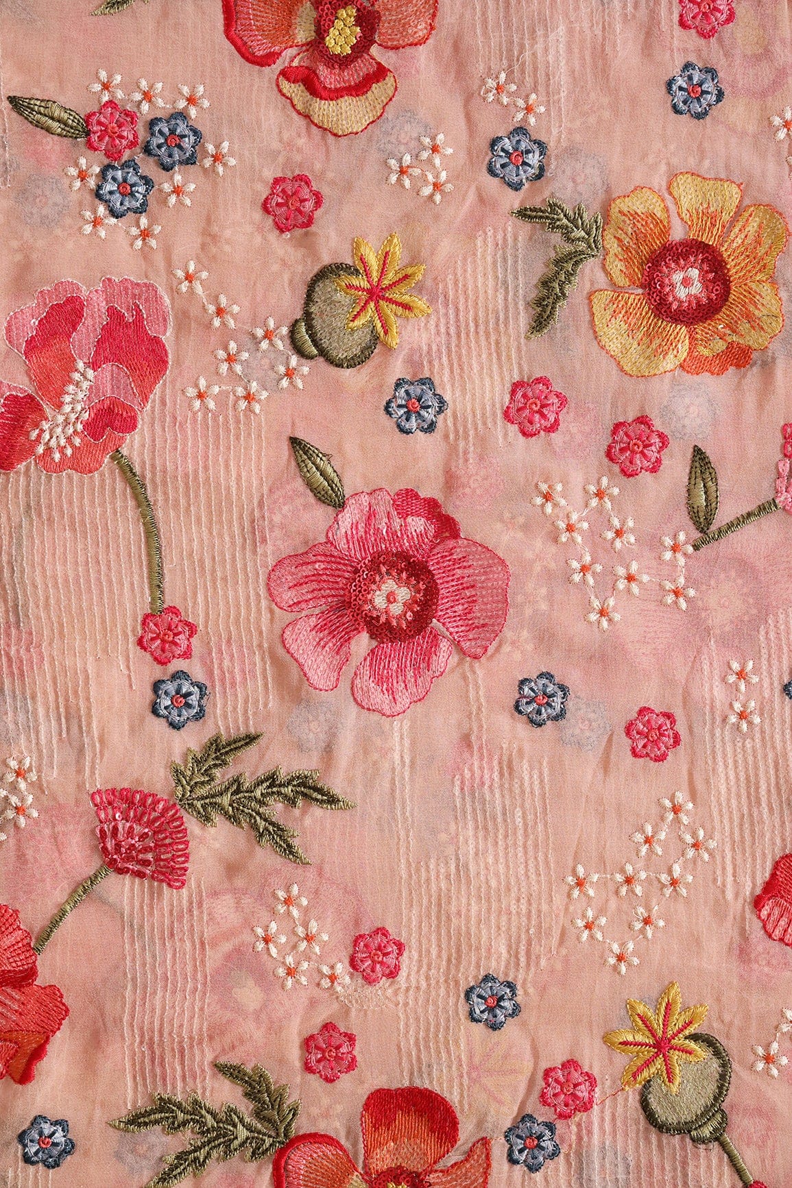 doeraa Embroidery Fabrics Beautiful Water Sequins With Multi Color Floral Embroidery On Peach Viscose Georgette Fabric