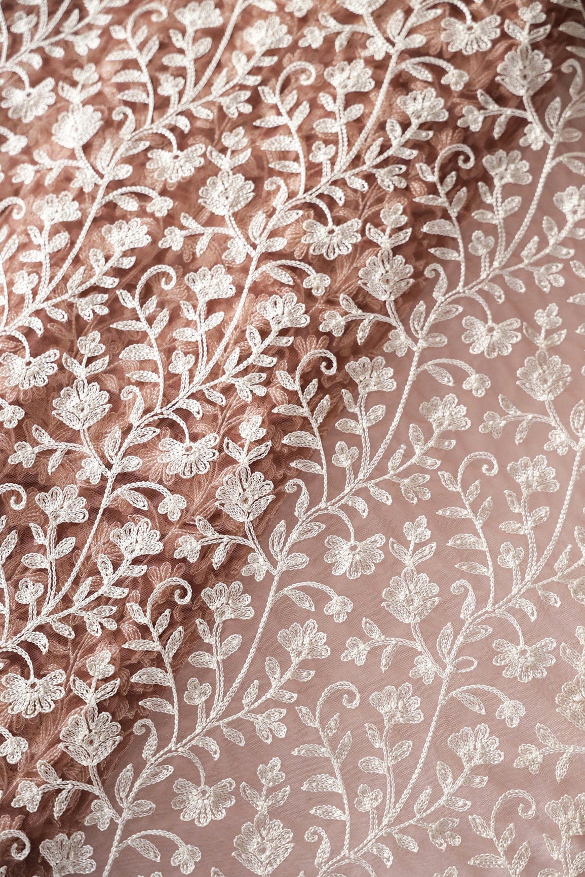 doeraa Embroidery Fabrics Beautiful White Thread Floral Embroidery On Brown Soft Net Fabric