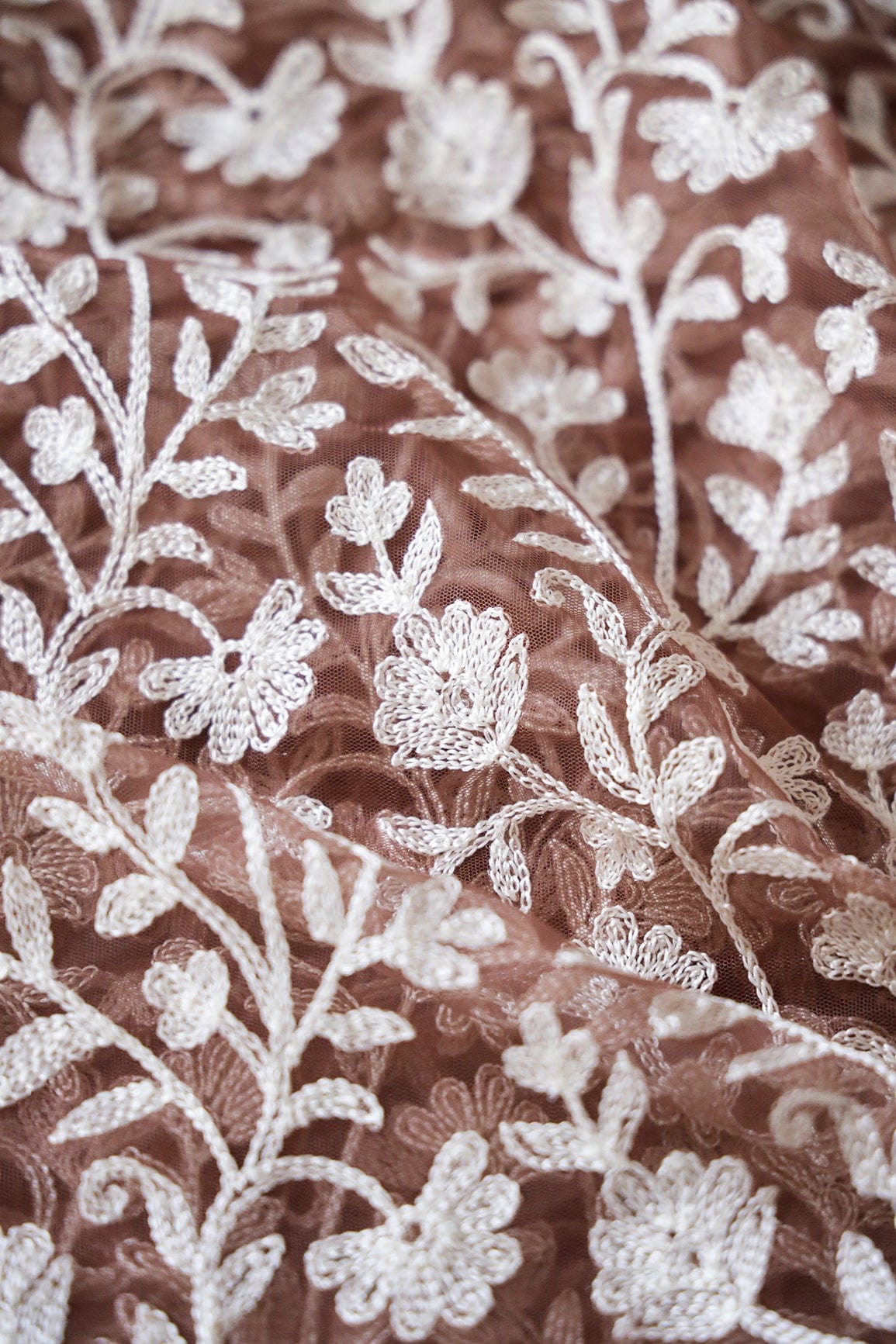 doeraa Embroidery Fabrics Beautiful White Thread Floral Embroidery On Brown Soft Net Fabric
