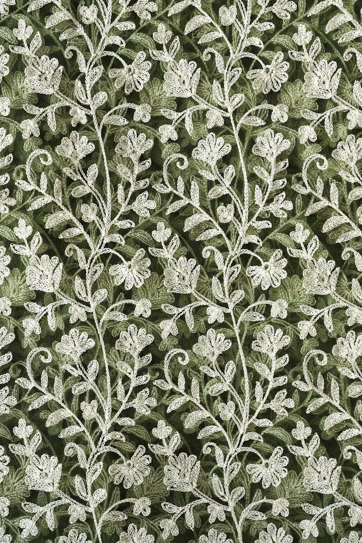 doeraa Embroidery Fabrics Beautiful White Thread Floral Embroidery On Dark Olive Soft Net Fabric