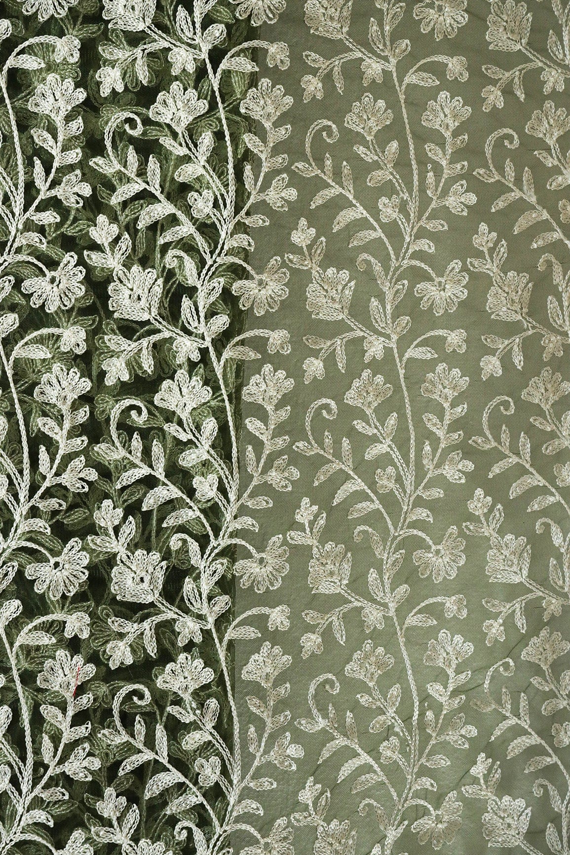 doeraa Embroidery Fabrics Beautiful White Thread Floral Embroidery On Dark Olive Soft Net Fabric