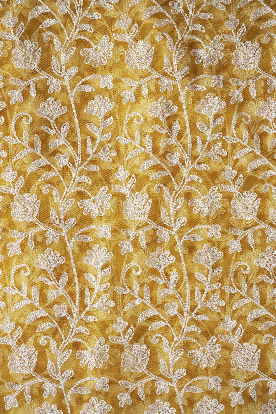 doeraa Embroidery Fabrics Beautiful White Thread Floral Embroidery On Yellow Soft Net Fabric