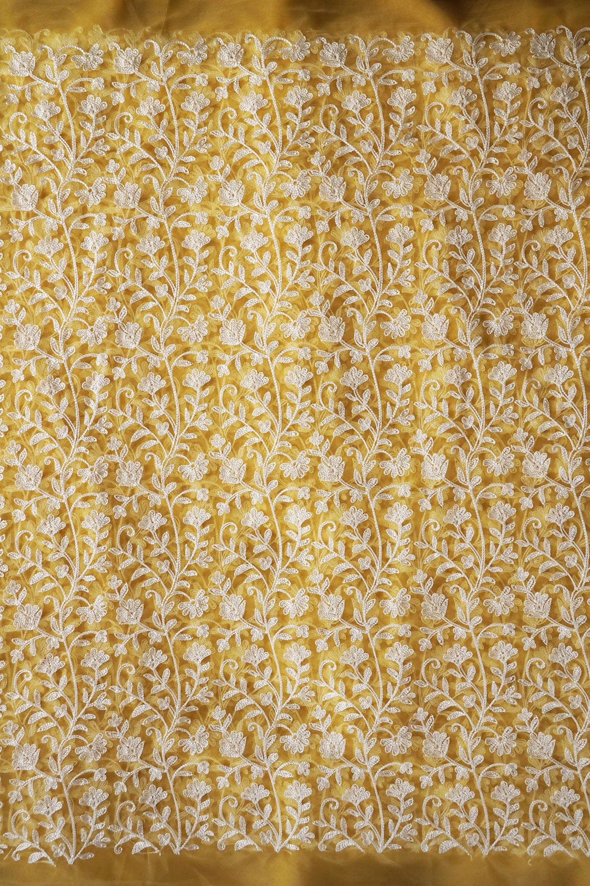 doeraa Embroidery Fabrics Beautiful White Thread Floral Embroidery On Yellow Soft Net Fabric
