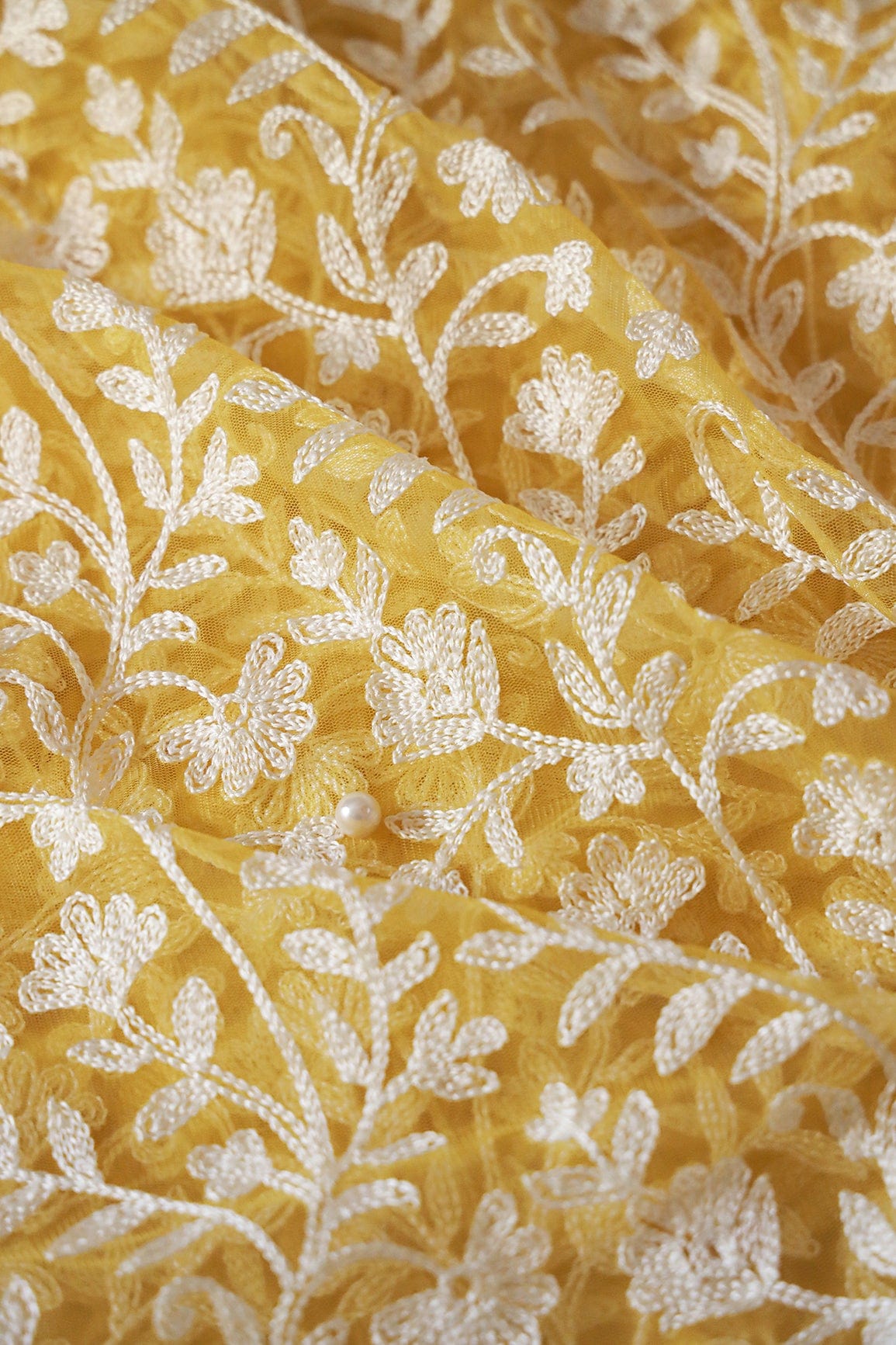 doeraa Embroidery Fabrics Beautiful White Thread Floral Embroidery On Yellow Soft Net Fabric