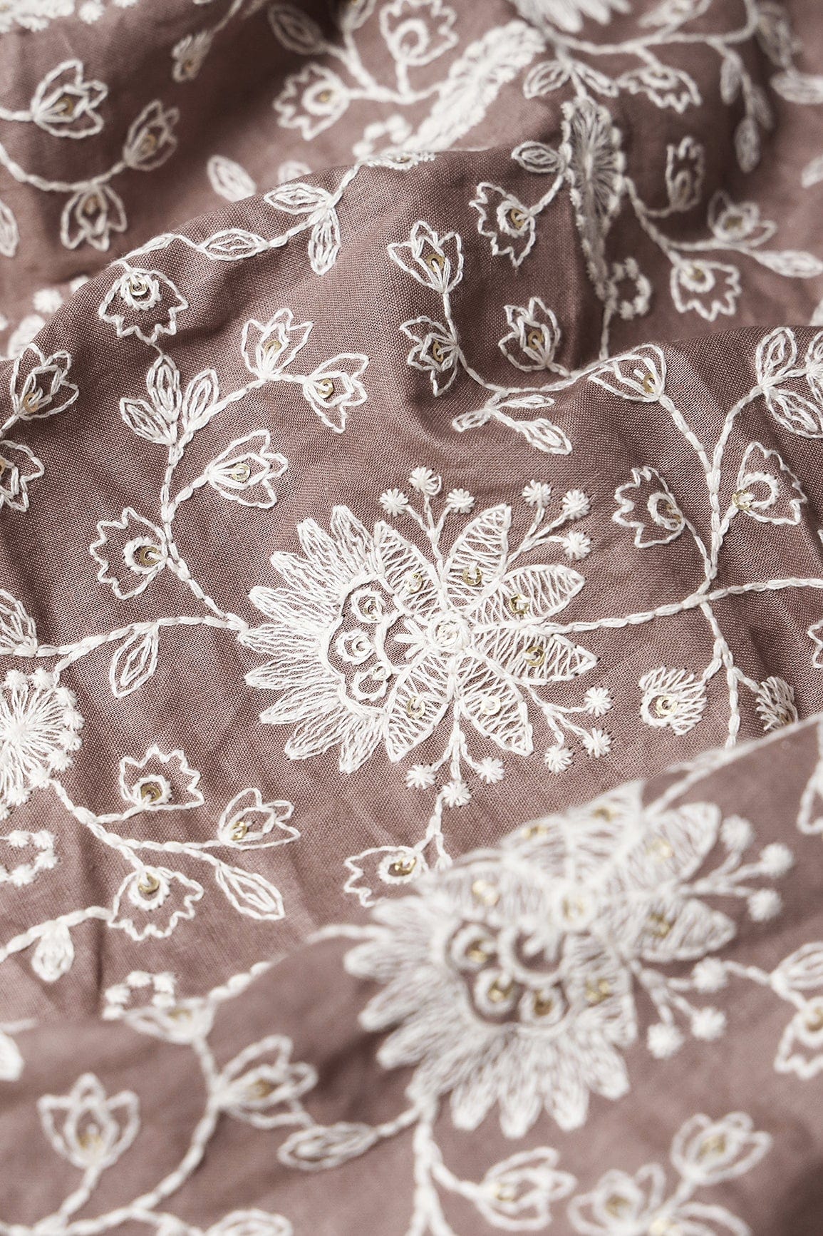 doeraa Embroidery Fabrics Beautiful White Thread With Gold Sequins Lucknowi Floral Embroidery Work On Brown Soft Cotton Fabric