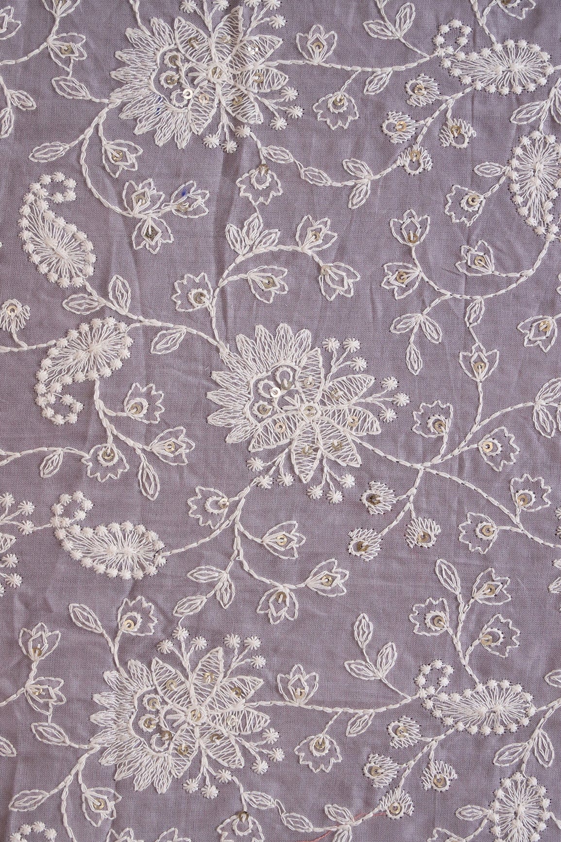 doeraa Embroidery Fabrics Beautiful White Thread With Gold Sequins Lucknowi Floral Embroidery Work On Lavender Soft Cotton Fabric
