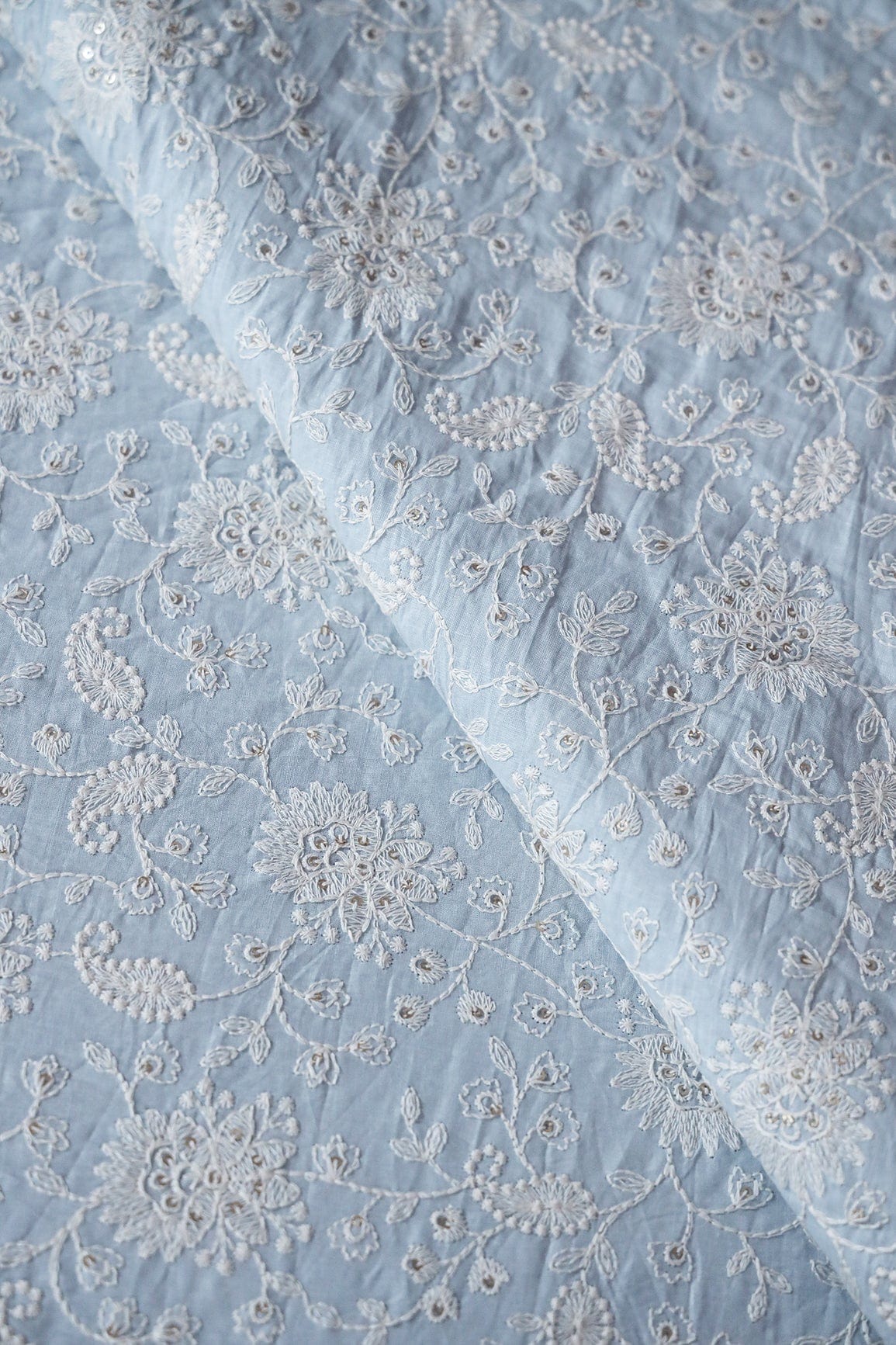 doeraa Embroidery Fabrics Beautiful White Thread With Gold Sequins Lucknowi Floral Embroidery Work On Pastel Blue Soft Cotton Fabric