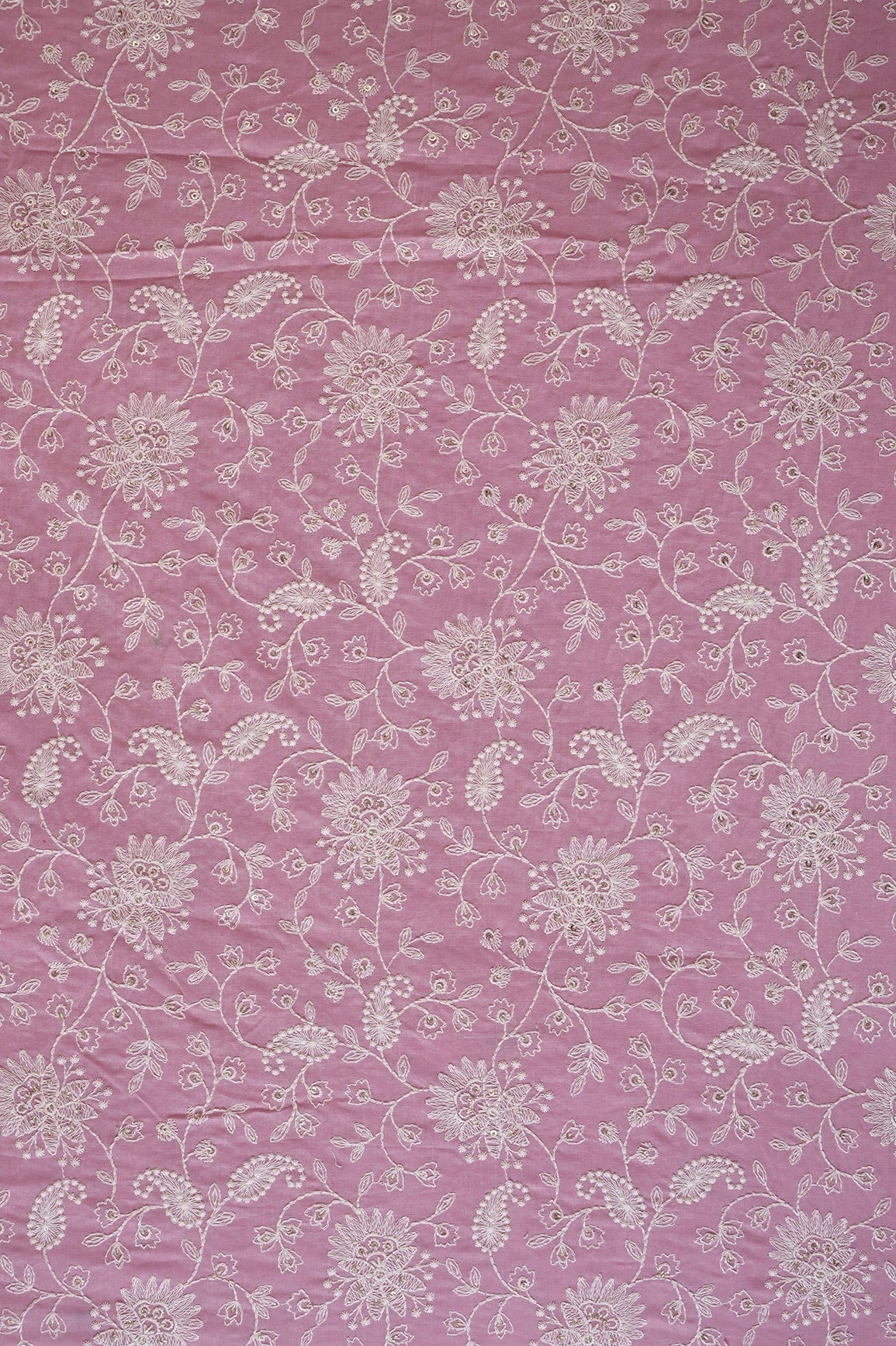 doeraa Embroidery Fabrics Beautiful White Thread With Gold Sequins Lucknowi Floral Embroidery Work On Pink Soft Cotton Fabric