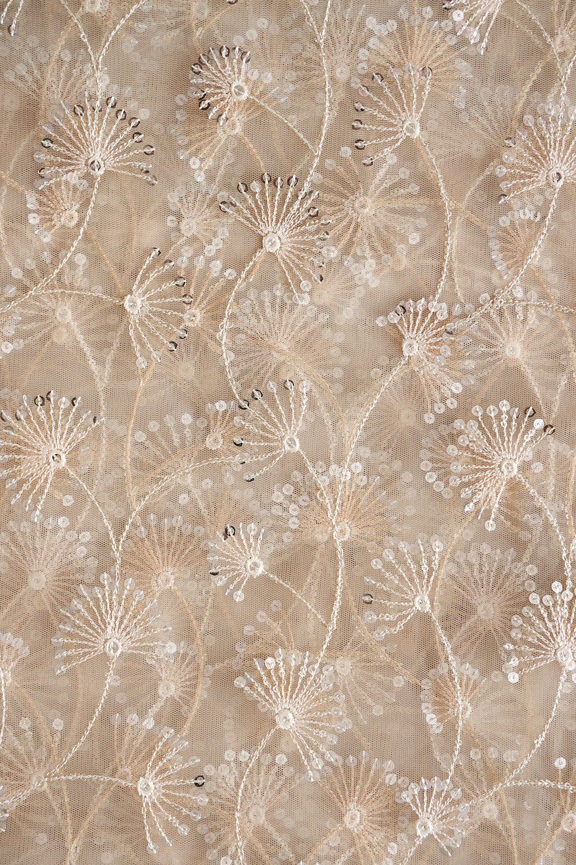 doeraa Embroidery Fabrics Beige Thread With Gold And Silver Sequins Floral Embroidery On Beige Soft Net Fabric