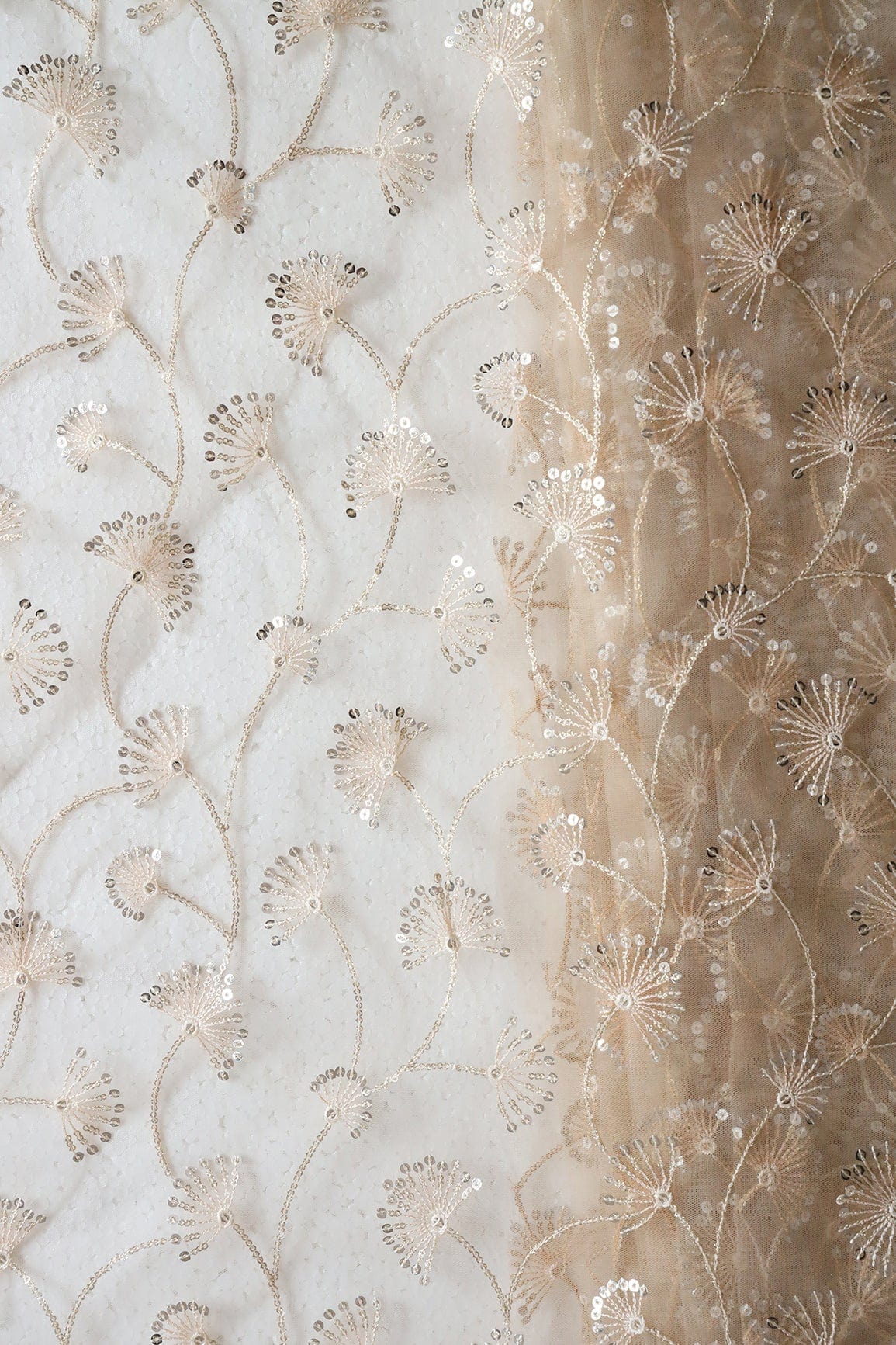 doeraa Embroidery Fabrics Beige Thread With Gold And Silver Sequins Floral Embroidery On Beige Soft Net Fabric
