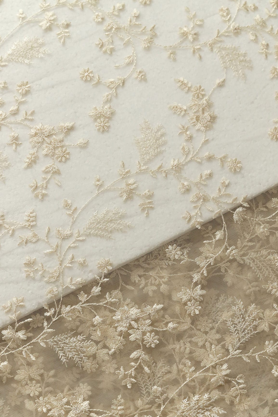 doeraa Embroidery Fabrics Beige Thread With Sequins Beautiful Floral Embroidery Work On Beige Soft Net Fabric