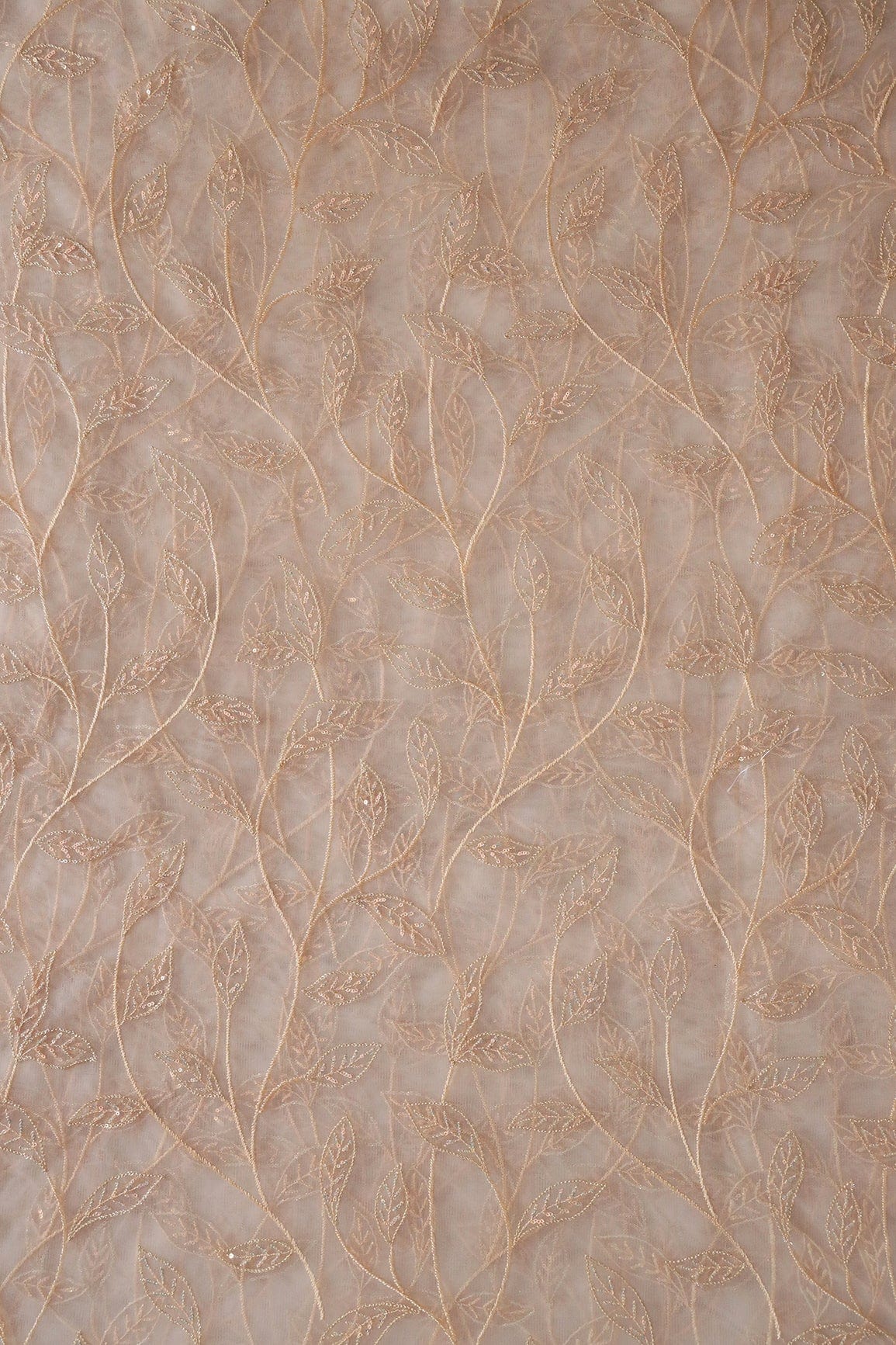 doeraa Embroidery Fabrics Beige Thread With Sequins Beautiful Leafy Embroidery On Cream Soft Net Fabric