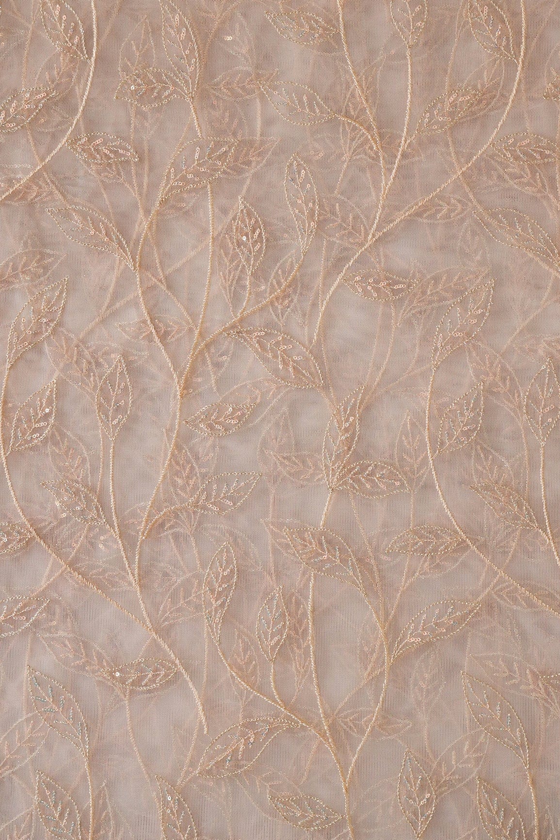 doeraa Embroidery Fabrics Beige Thread With Sequins Beautiful Leafy Embroidery On Cream Soft Net Fabric
