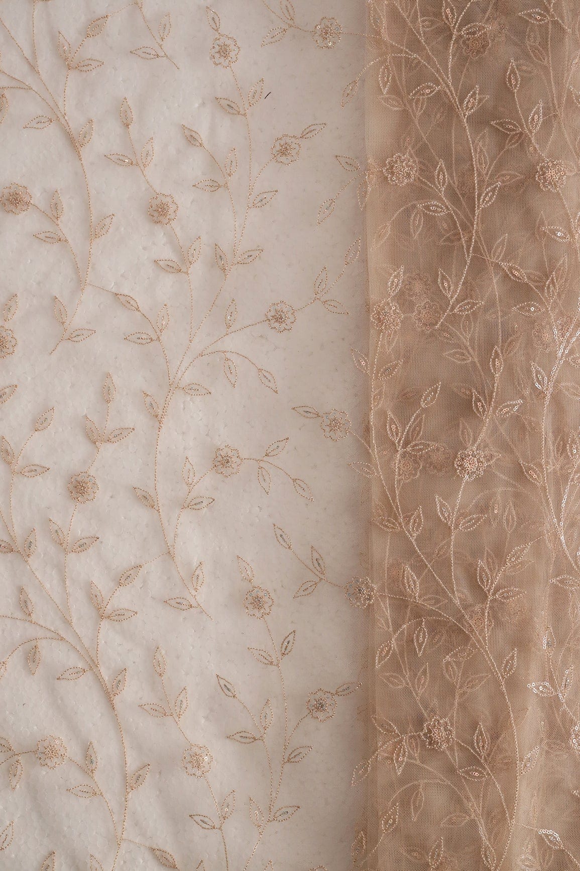 doeraa Embroidery Fabrics Beige Thread With Sequins Beautiful Leafy Floral Embroidery On Beige Soft Net Fabric