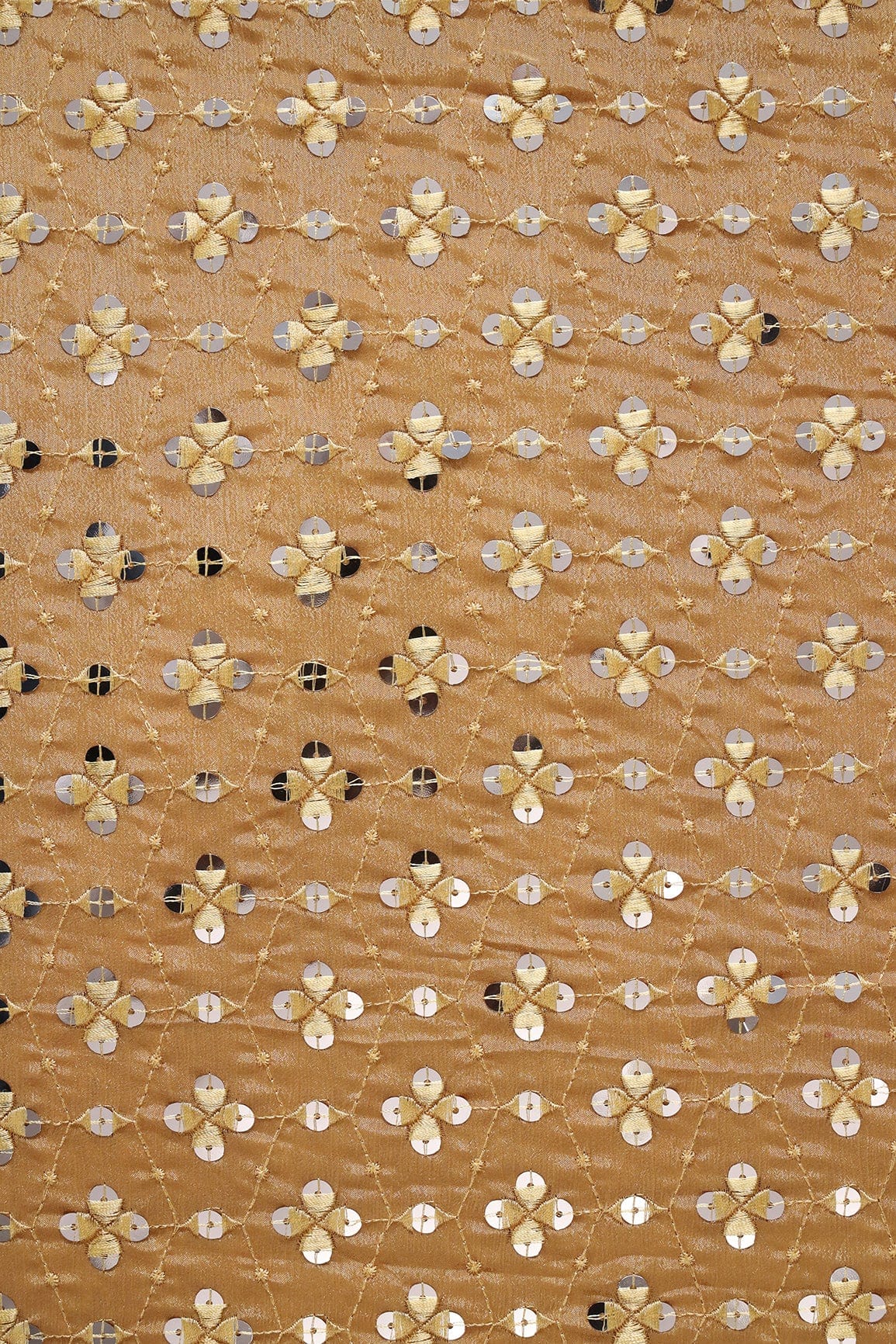 doeraa Embroidery Fabrics Beige Thread With Sequins Geometric Embroidery Work On Merigold Yellow Chinnon Chiffon Fabric