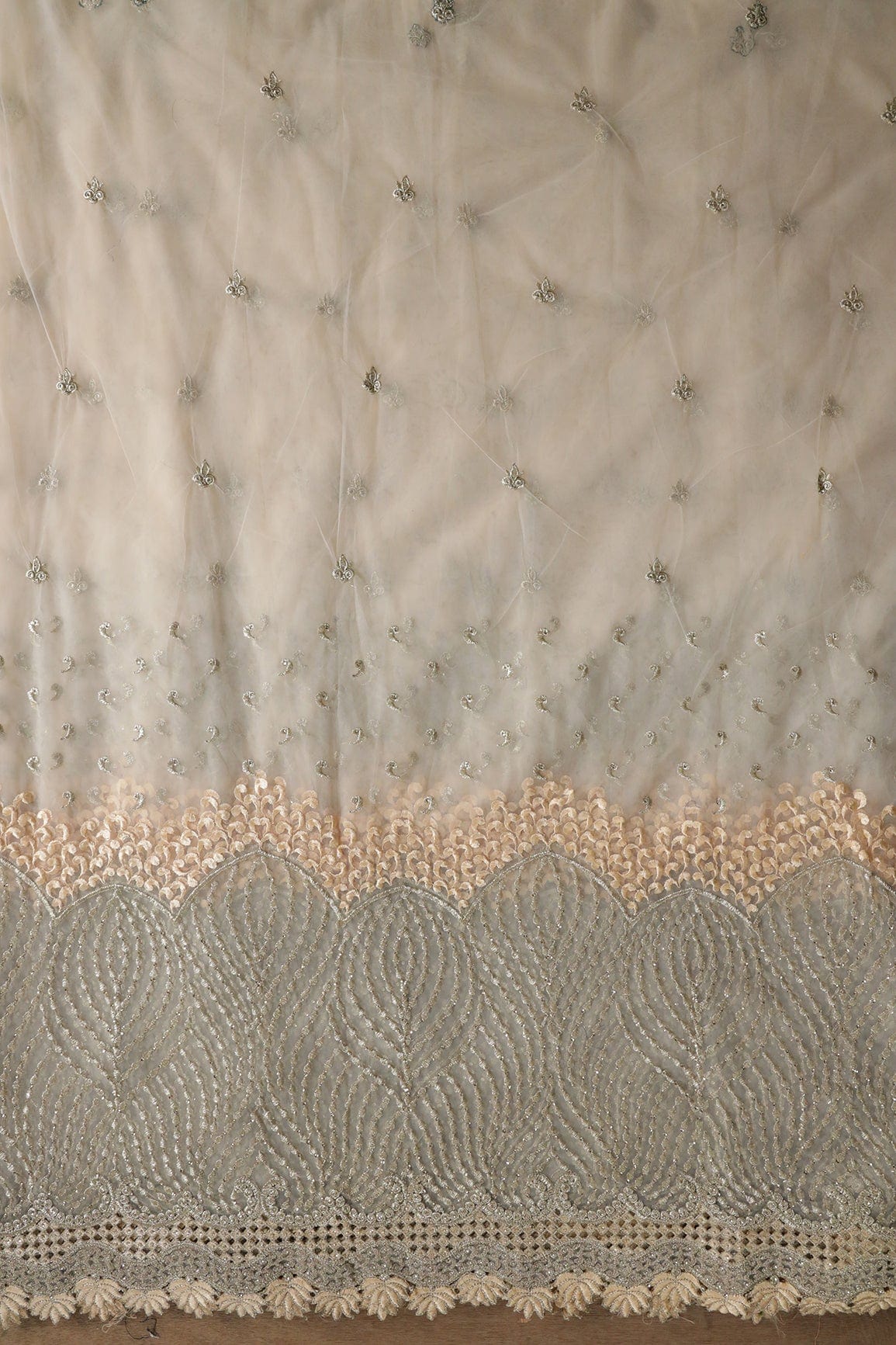 doeraa Embroidery Fabrics Big Width''56'' Beige Thread With Zari Traditional Embroidery Work On Beige Soft Net Fabric With Border
