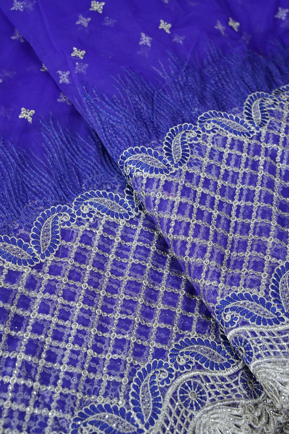 doeraa Embroidery Fabrics Big Width''56'' Blue Thread With Zari Checks Embroidery Work On Royal Blue Soft Net Fabric With Border