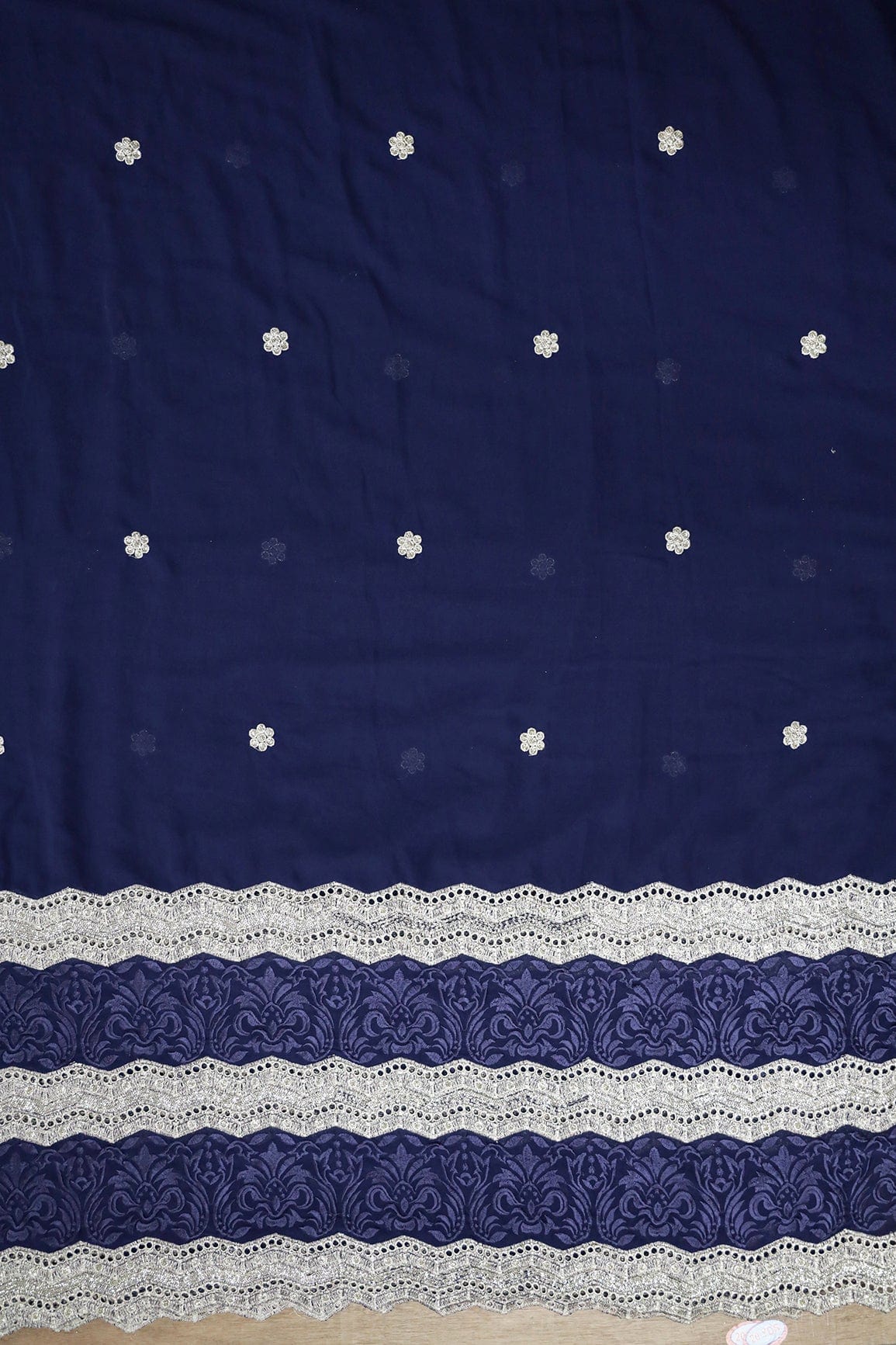 doeraa Embroidery Fabrics Big Width''56'' Blue Thread With Zari Ethnic Embroidery Work On Navy Blue Georgette Fabric With Border