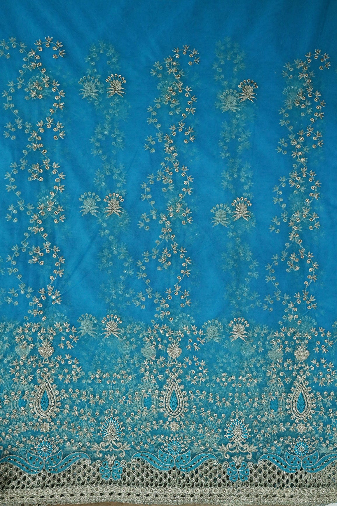 doeraa Embroidery Fabrics Big Width''56'' Blue Thread With Zari Leafy Embroidery Work On Cerulean Blue Soft Net Fabric With Border