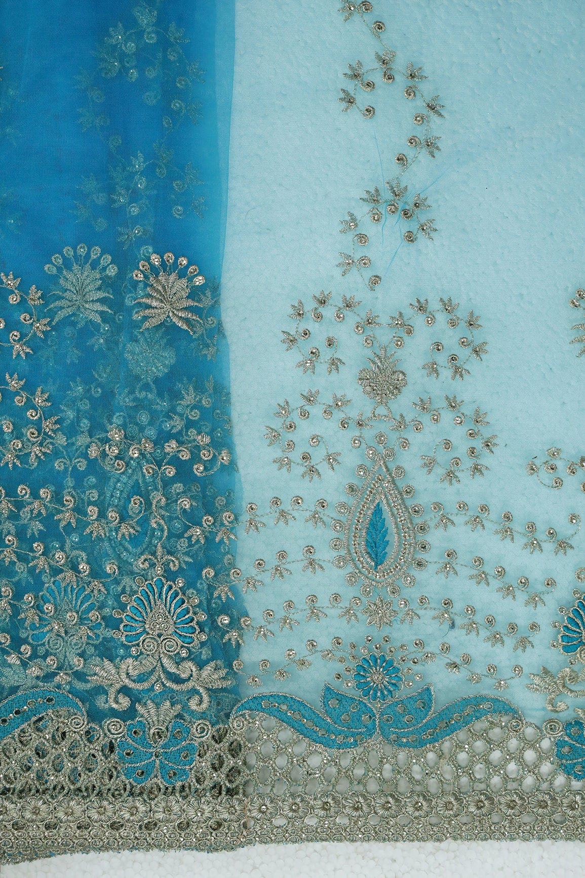 doeraa Embroidery Fabrics Big Width''56'' Blue Thread With Zari Leafy Embroidery Work On Cerulean Blue Soft Net Fabric With Border