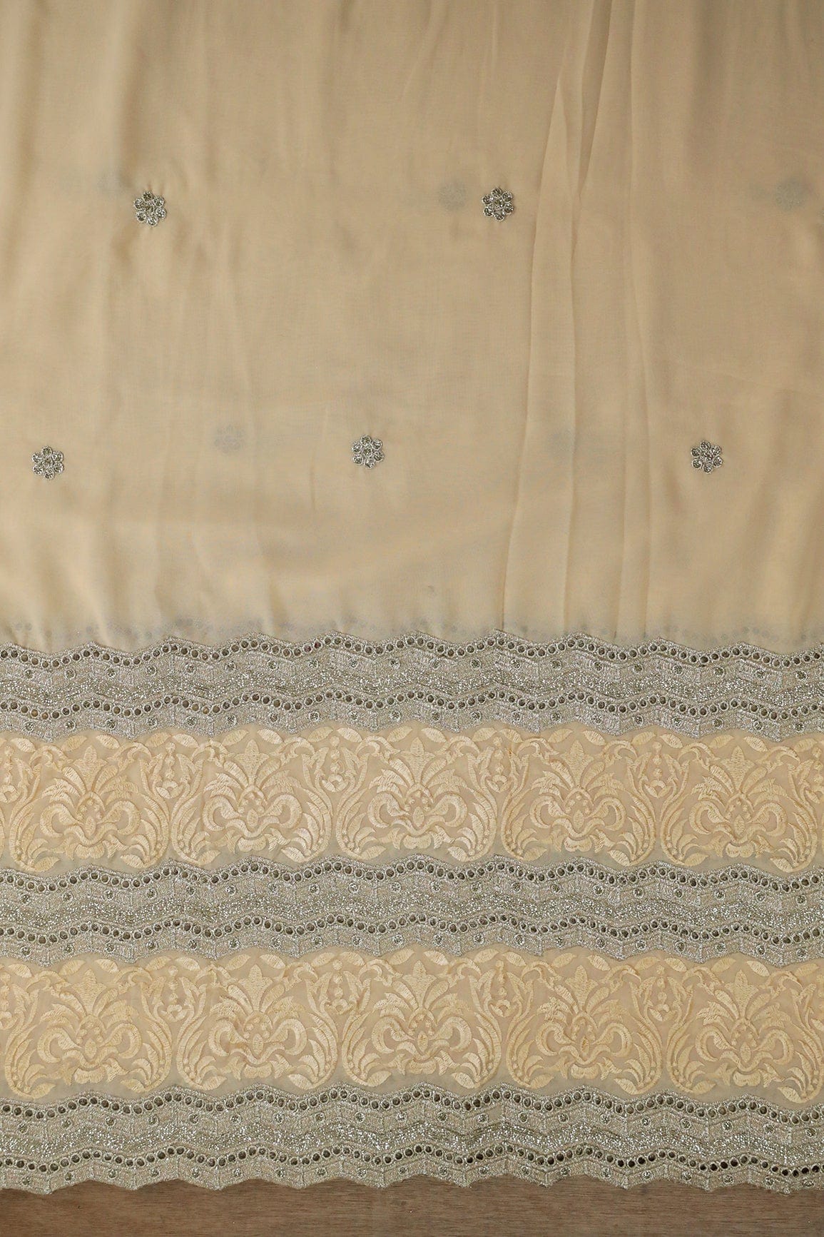 doeraa Embroidery Fabrics Big Width''56'' Cream Thread With Zari Ethnic Embroidery Work On Cream Georgette Fabric With Border