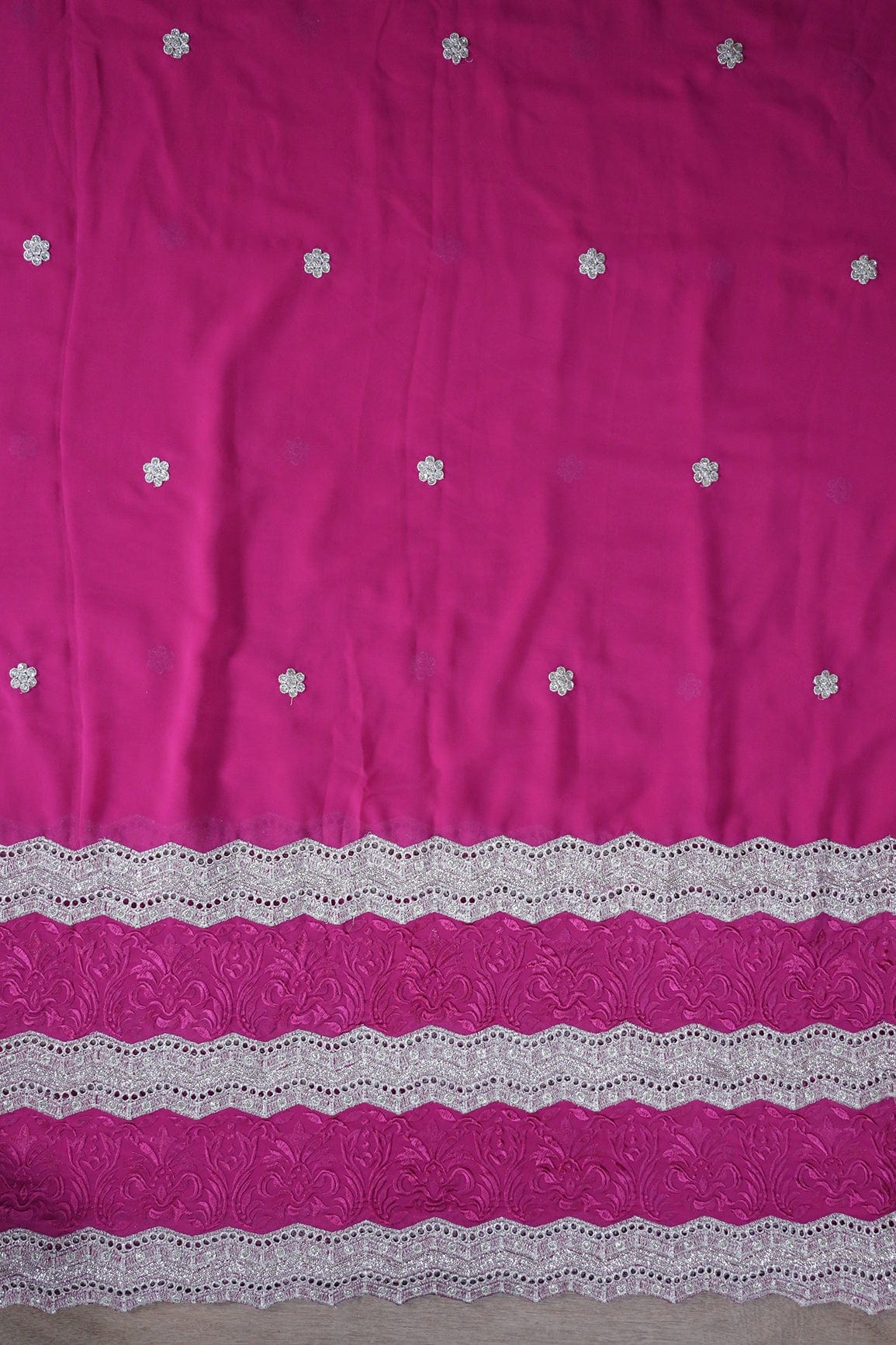 doeraa Embroidery Fabrics Big Width''56'' Fuchsia Thread With Zari Ethnic Embroidery Work On Fuchsia Georgette Fabric With Border