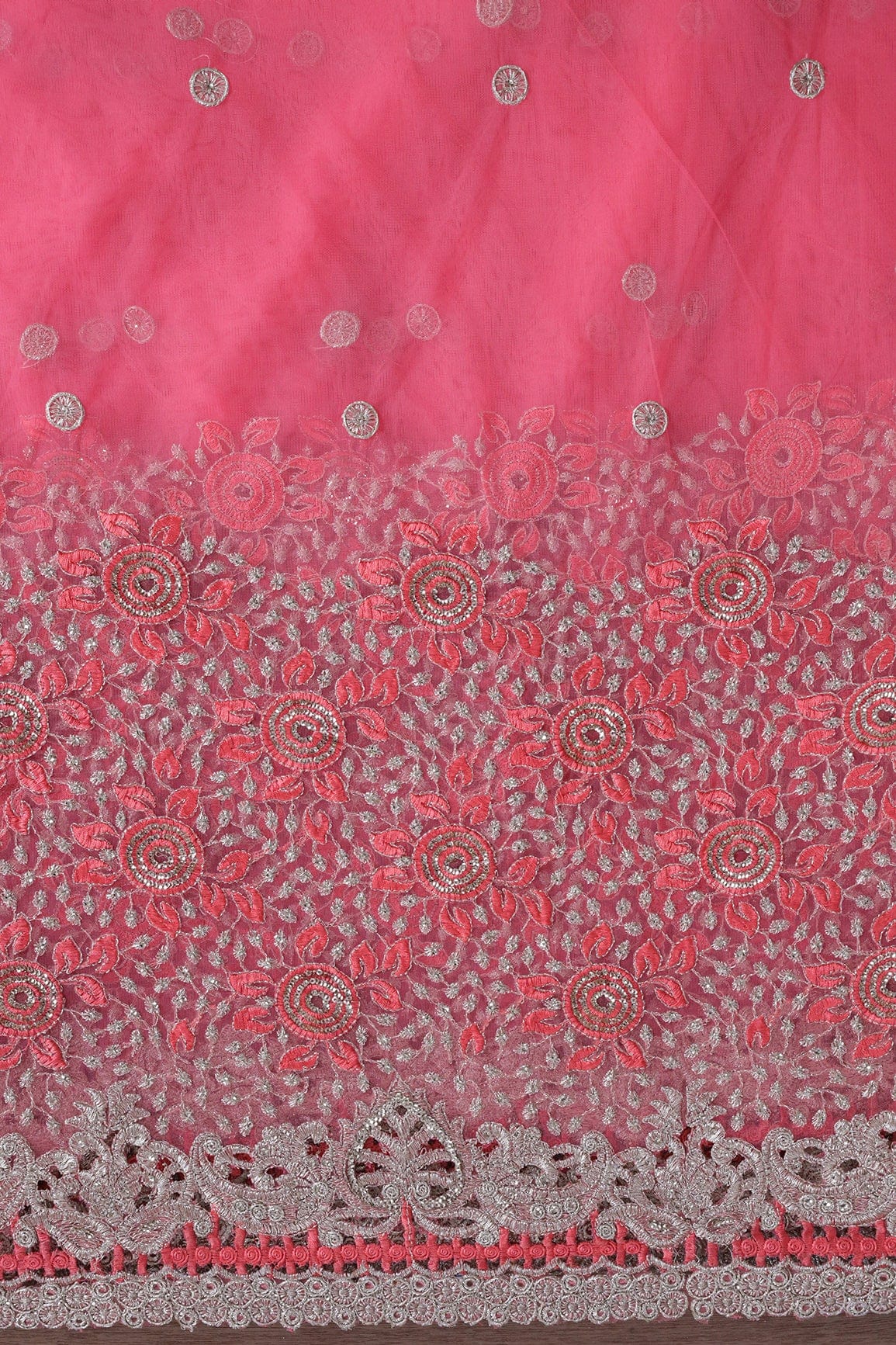 doeraa Embroidery Fabrics Big Width''56'' Gajri Pink Thread With Zari Floral Embroidery Work On Gajri Pink Soft Net Fabric With Border