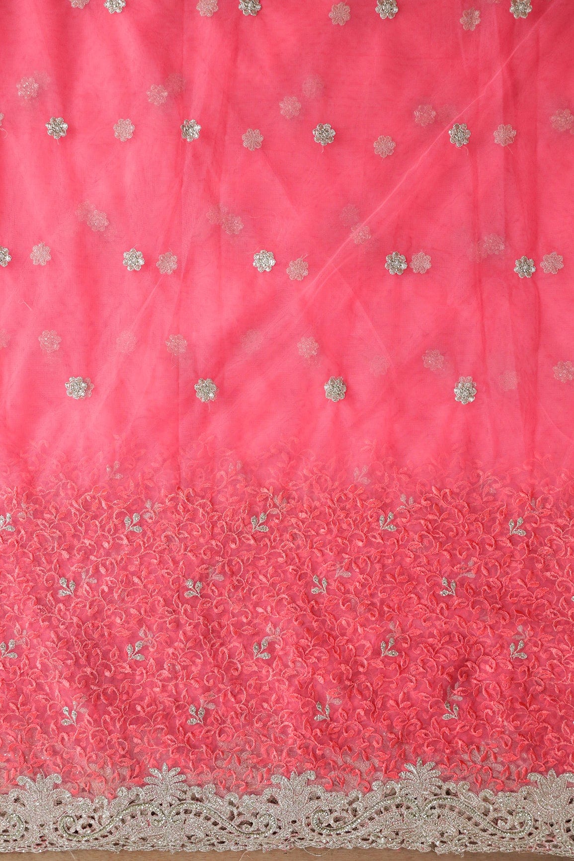 doeraa Embroidery Fabrics Big Width''56'' Gajri Pink Thread With Zari Leafy Embroidery Work On Gajri Pink Soft Net Fabric With Border