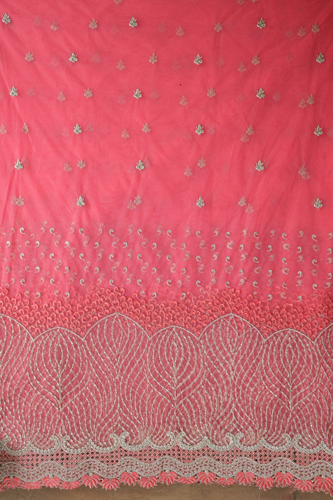 doeraa Embroidery Fabrics Big Width''56'' Gajri Pink Thread With Zari Traditional Embroidery Work On Gajri Pink Soft Net Fabric With Border