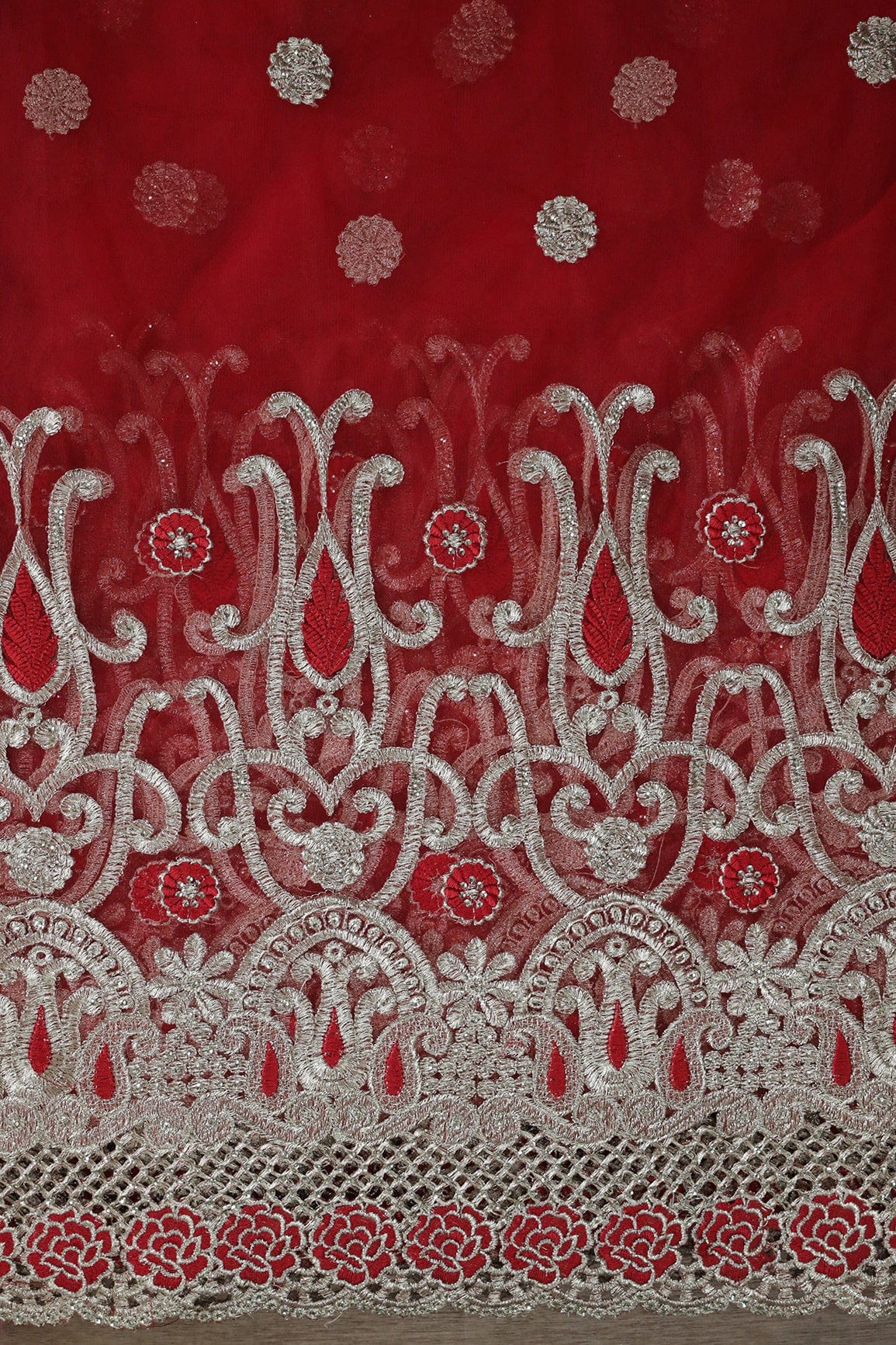doeraa Embroidery Fabrics Big Width''56'' Red Thread With Zari Traditional Embroidery Work On Red Soft Net Fabric With Border