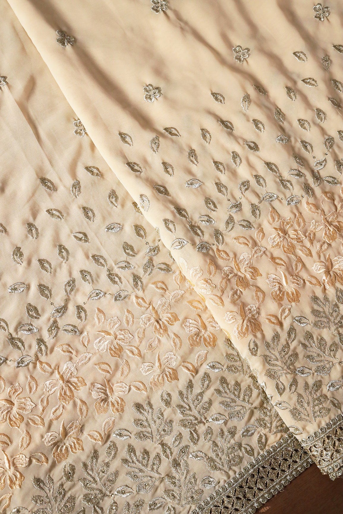 doeraa Embroidery Fabrics Big Width''56'' Silver Zari Leafy Embroidery Work On Beige Georgette Fabric With Border
