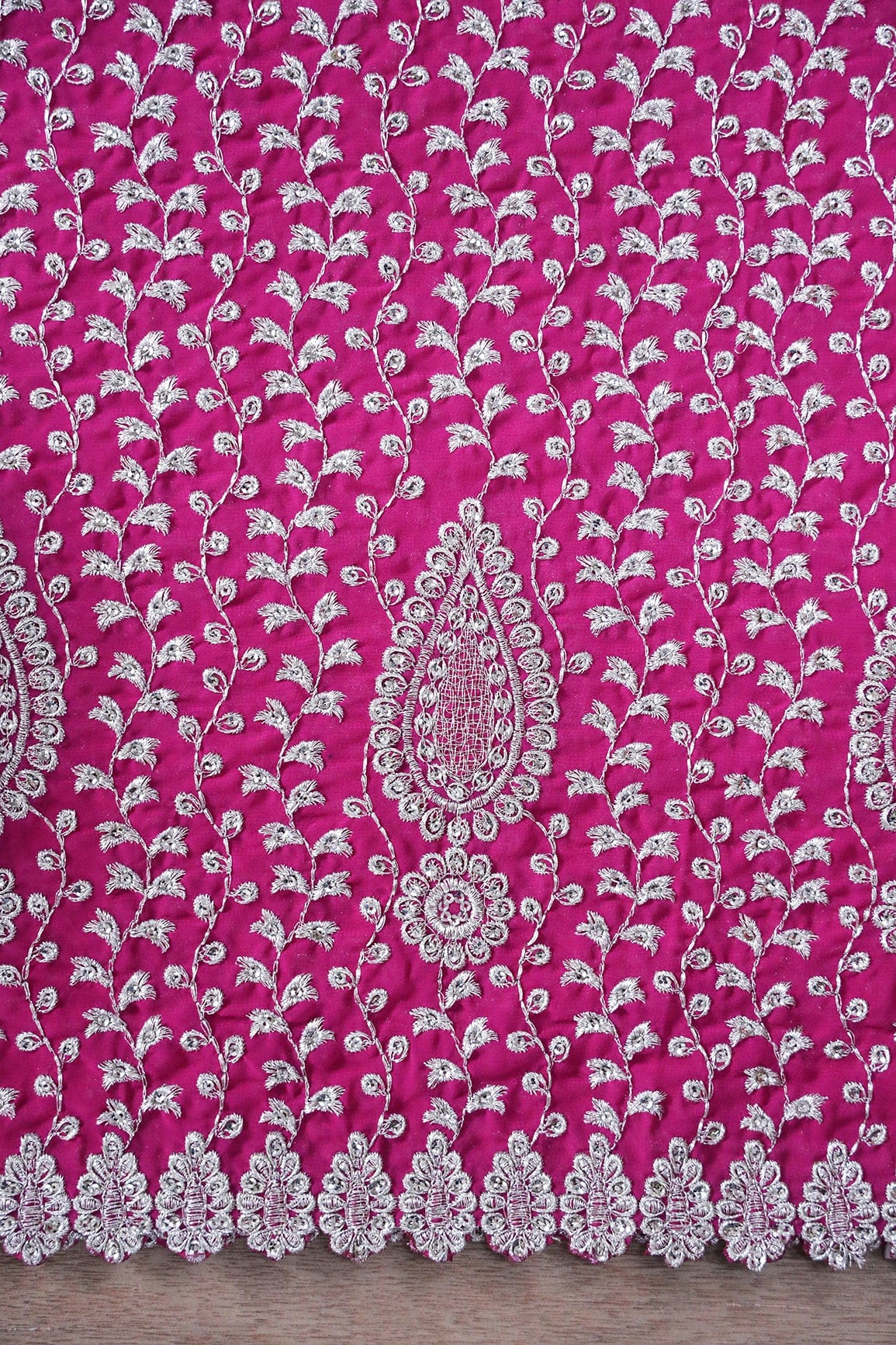 doeraa Embroidery Fabrics Big Width''56'' Silver Zari Leafy Embroidery Work On Fuchsia Georgette Fabric With Border