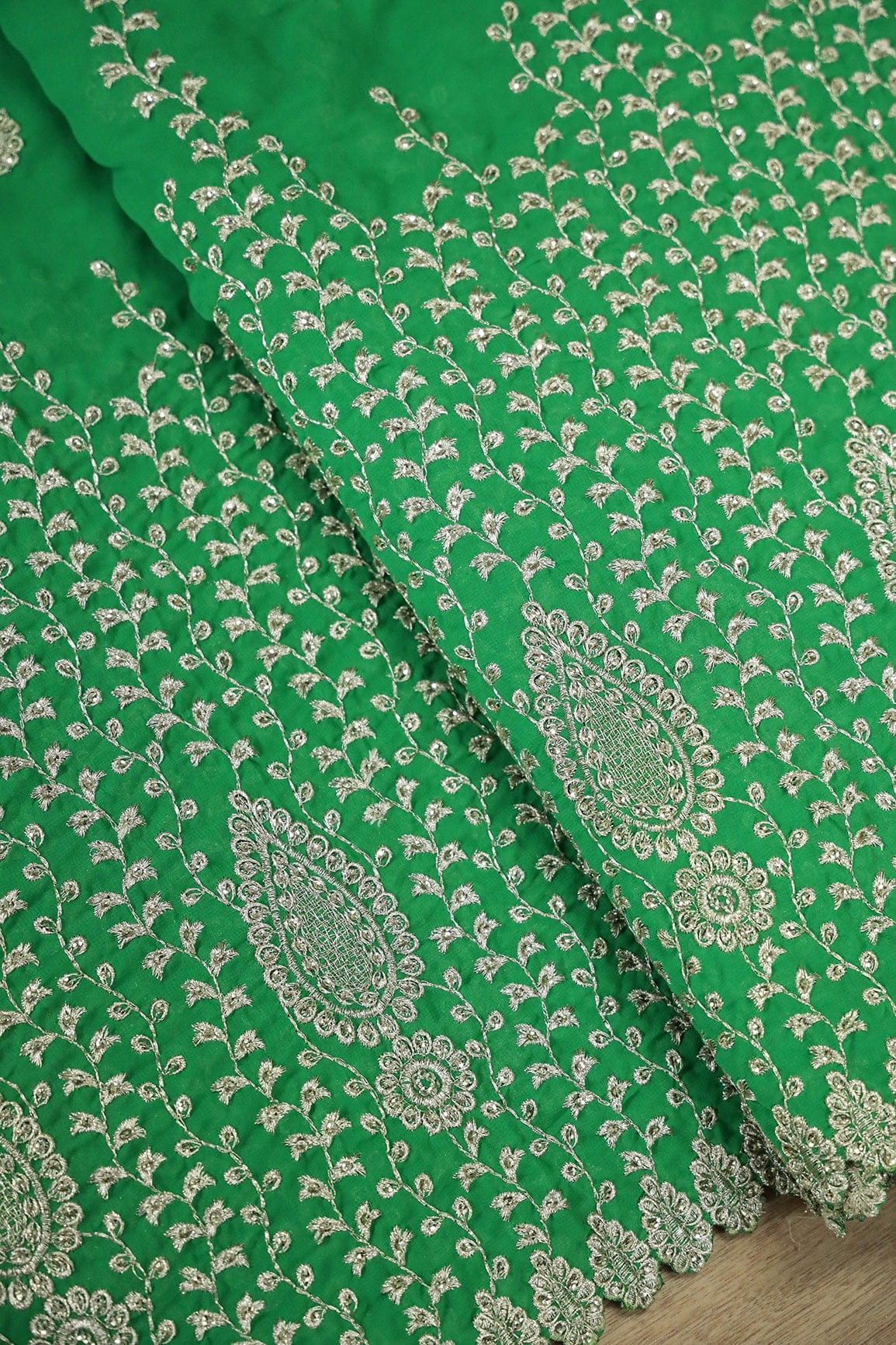 doeraa Embroidery Fabrics Big Width''56'' Silver Zari Leafy Embroidery Work On Green Georgette Fabric With Border