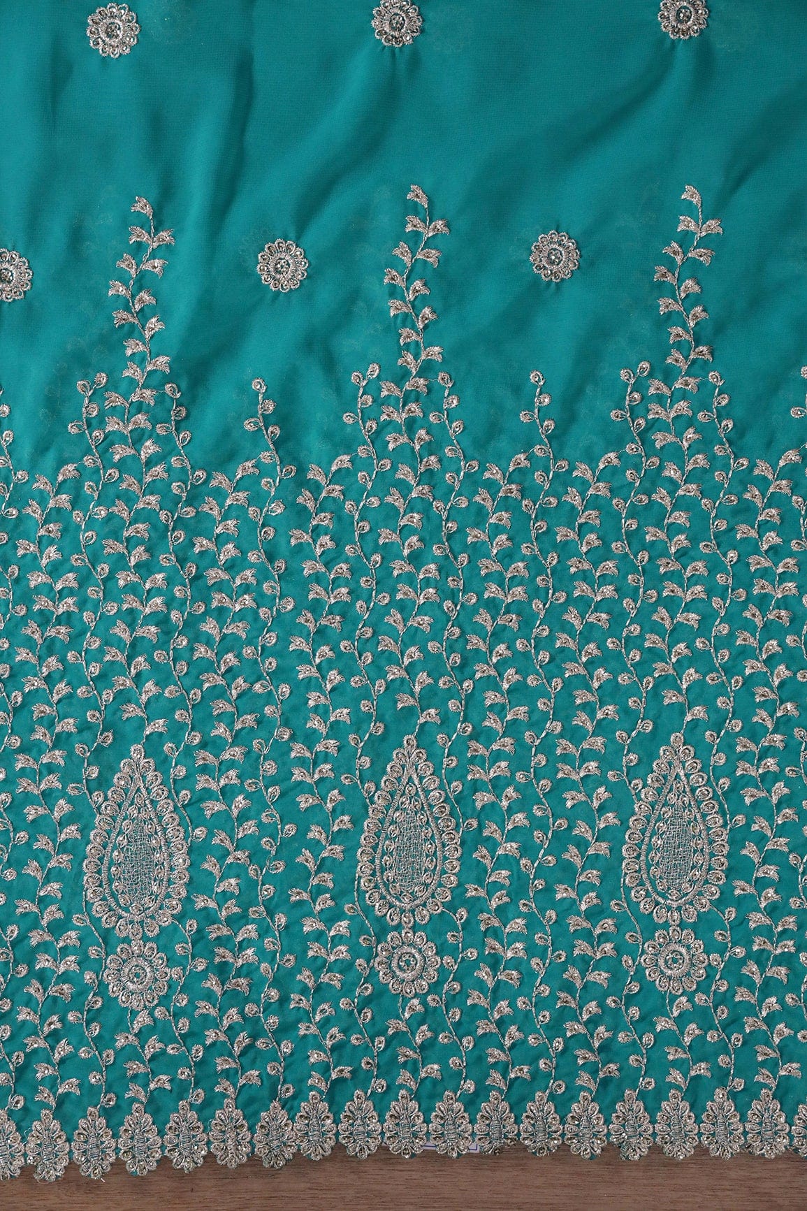 doeraa Embroidery Fabrics Big Width''56'' Silver Zari Leafy Embroidery Work On Rama Georgette Fabric With Border