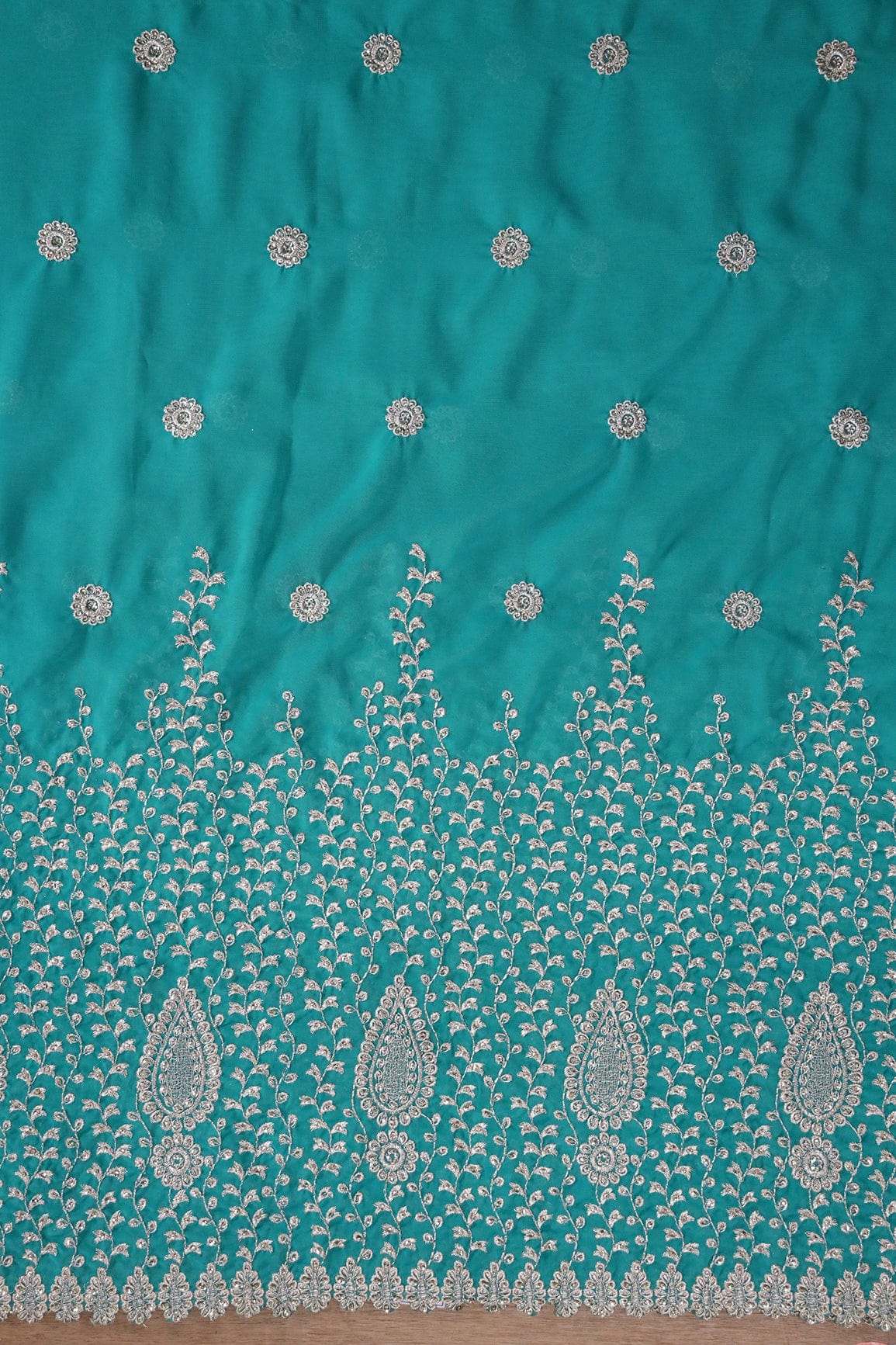 doeraa Embroidery Fabrics Big Width''56'' Silver Zari Leafy Embroidery Work On Rama Georgette Fabric With Border