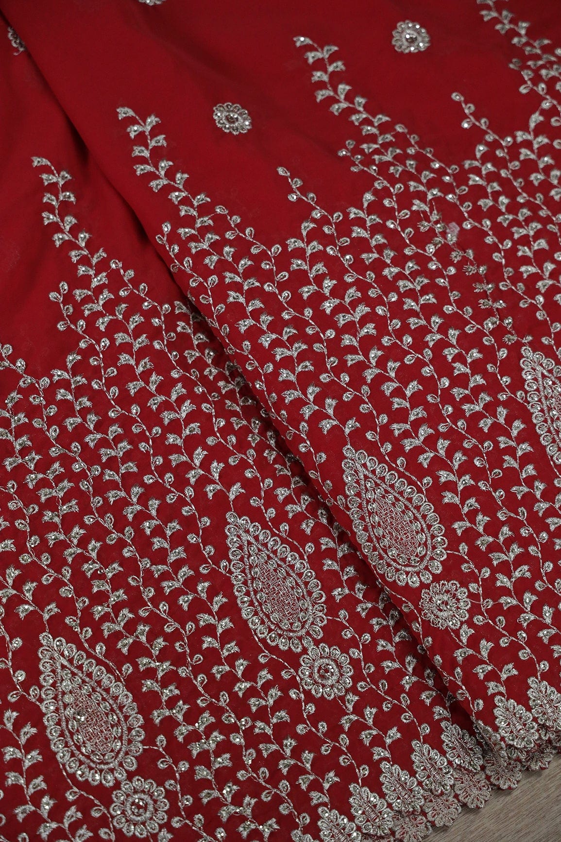doeraa Embroidery Fabrics Big Width''56'' Silver Zari Leafy Embroidery Work On Red Georgette Fabric With Border