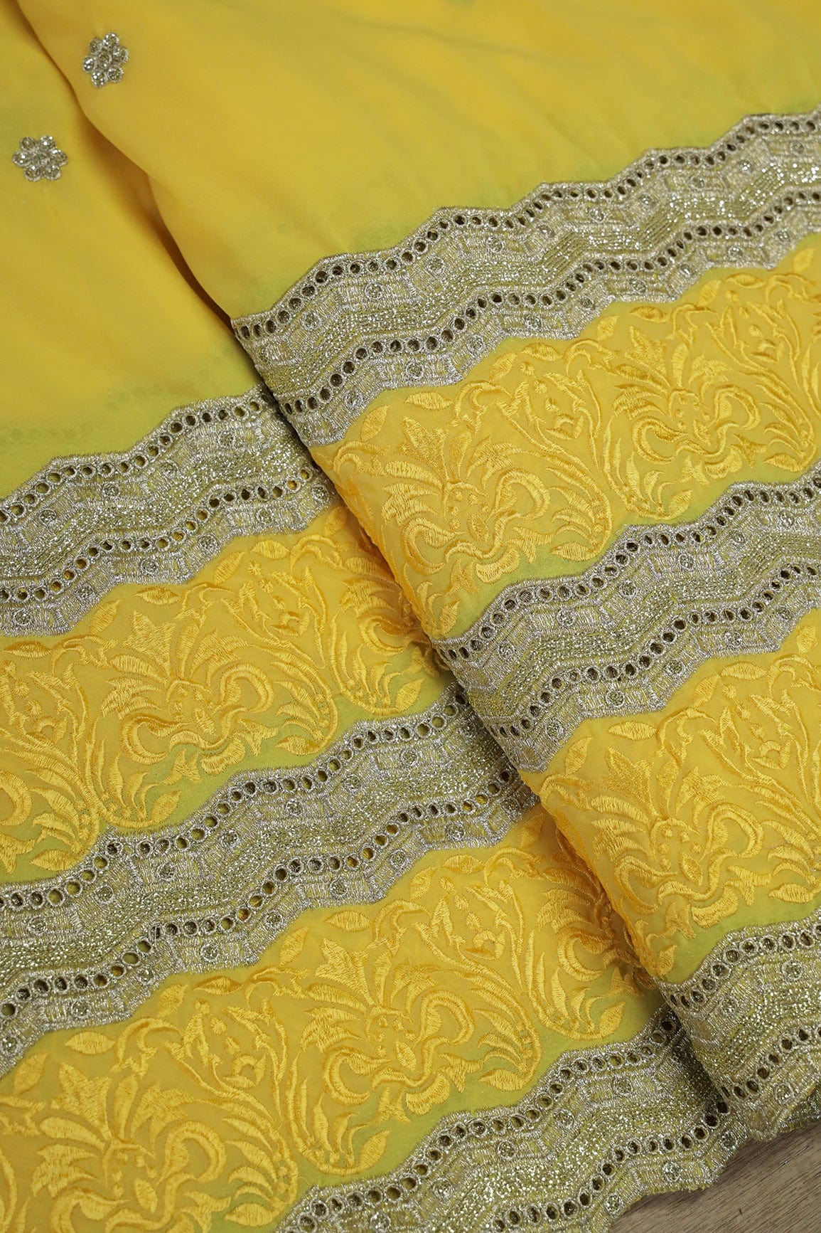 doeraa Embroidery Fabrics Big Width''56'' Yellow Thread With Zari Ethnic Embroidery Work On Yellow Georgette Fabric With Border