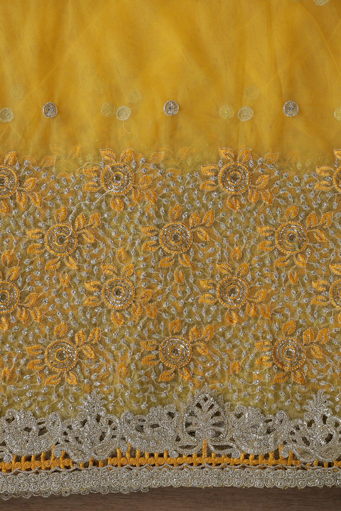 doeraa Embroidery Fabrics Big Width''56'' Yellow Thread With Zari Floral Embroidery Work On Yellow Soft Net Fabric With Border