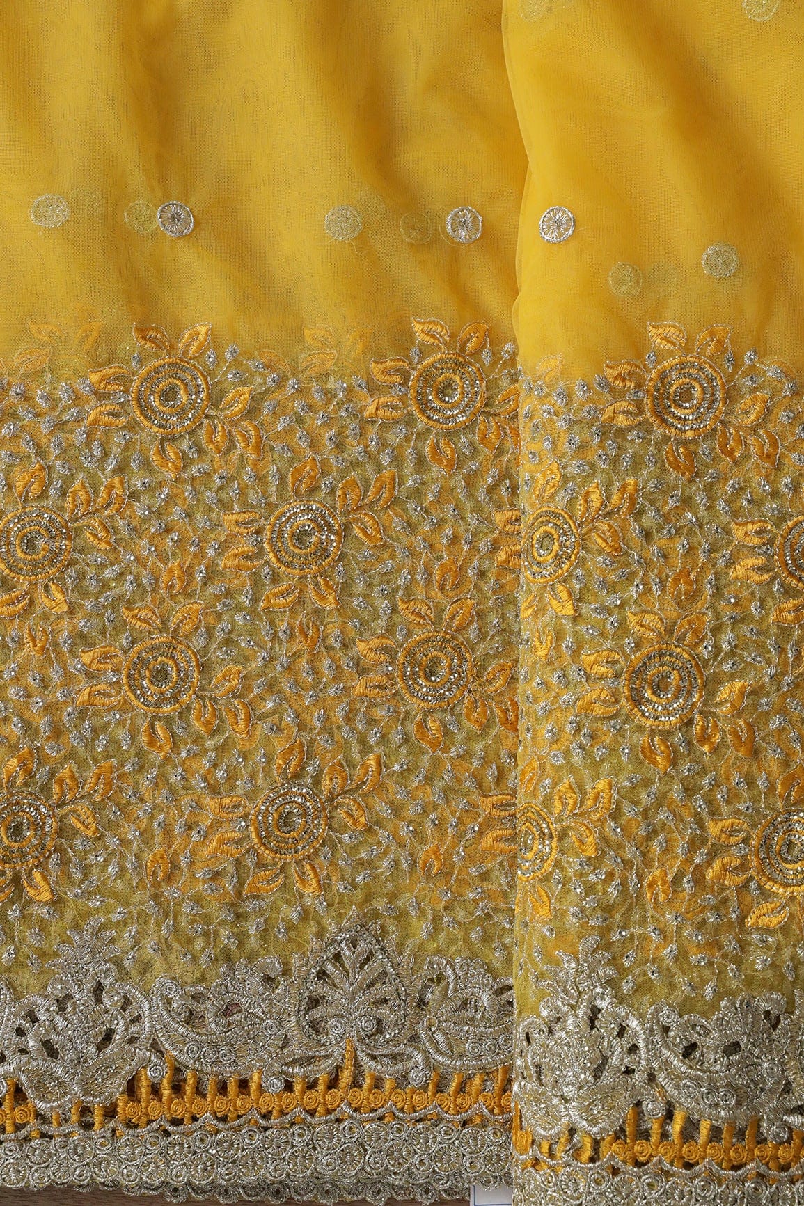 doeraa Embroidery Fabrics Big Width''56'' Yellow Thread With Zari Floral Embroidery Work On Yellow Soft Net Fabric With Border